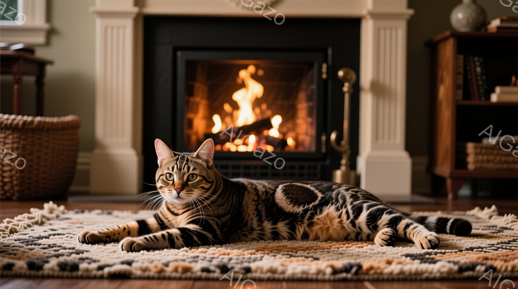 縞模様の猫が、カラフルなラグの上に横たわってこちらを見ています。背景には暖炉があり、炎が燃え盛っている様子が伺えます。部屋全体は暖色系の色調で統一され、落ち着いた暖かい雰囲気が漂っています。 - AI生成フリー素材