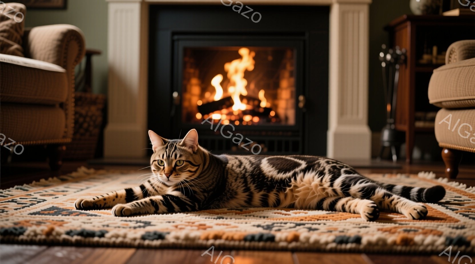 縞模様の猫が、色とりどりの敷物の上に横たわっています。猫はリラックスした表情で、まるで暖炉の温かさを楽しんでいるようです。背景には、暖炉と家具があり、温かく快適な家庭的な雰囲気が漂っています。 - AI生成フリー素材