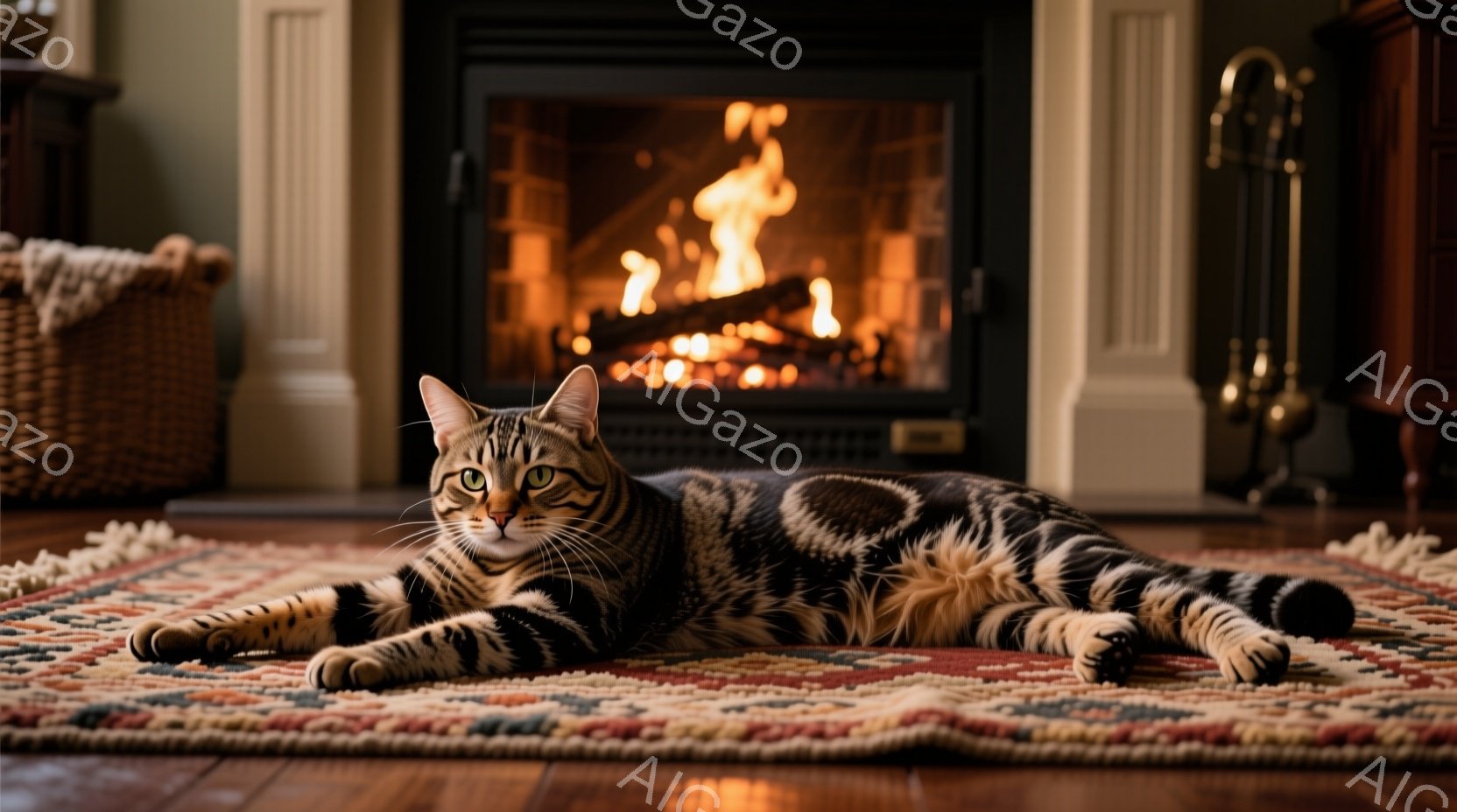 白地に縞模様の猫が、白い枠で区切られた窓枠に前足をかけて座っており、少し下を見つめている。窓ガラスは曇っていて、外の景色はぼやけて見えるが、雪が降っている様子が伺える。全体的に、静かで落ち着いた冬の日 - AI生成フリー素材