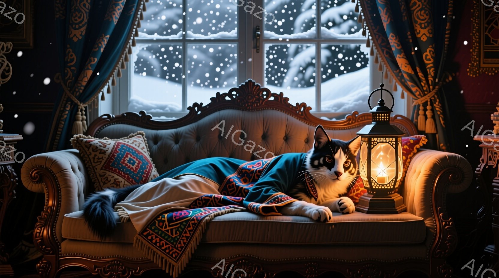 白黒の猫が、豪華な彫刻が施された茶色のソファーに優雅に横たわっており、カラフルな民族風のブランケットが猫の体を覆っている。背景には雪景色が見える窓があり、室内には暖色のランタンが置かれ、冬の静寂と温か - AI生成フリー素材