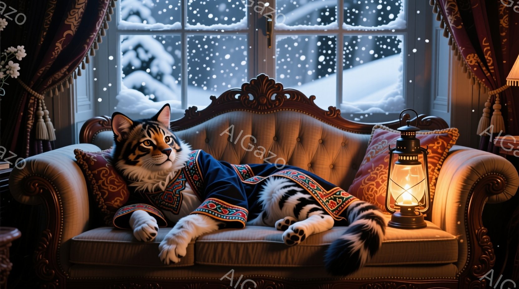 茶色の縞模様の猫が、豪華な装飾が施されたソファにゆったりと横たわっています。猫は鮮やかな模様の刺繍が施された青いジャケットを着ており、リラックスした表情で、まるで貴族のようにくつろいでいます。窓の外は - AI生成フリー素材