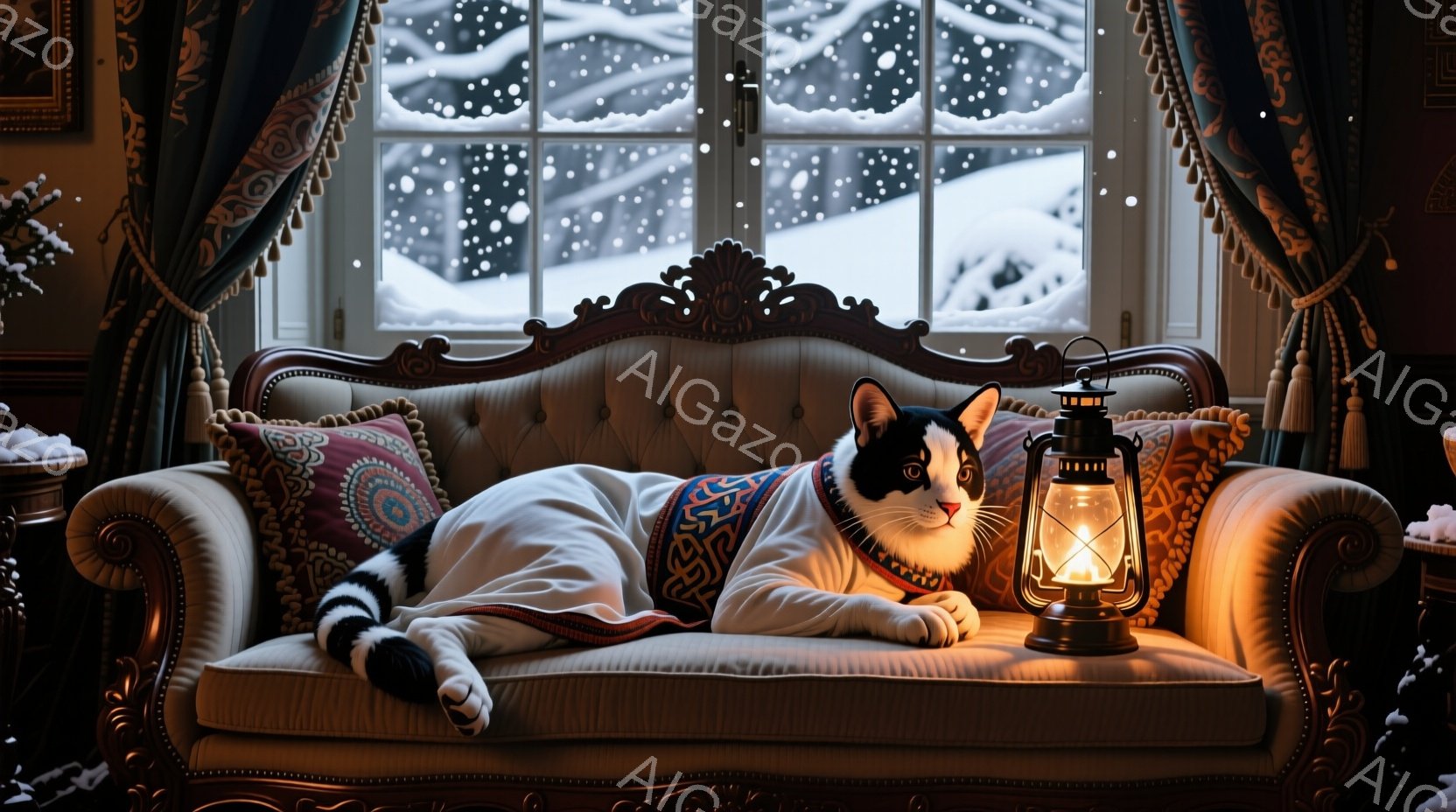 白と黒の猫が、装飾的なソファに横たわっており、白いセーターを着ています。背景には雪が降る冬の風景が見え、暖炉から温かい光が灯っています。この雰囲気は、安らぎと温かさを感じさせる静かで穏やかな冬の日の光 - AI生成フリー素材