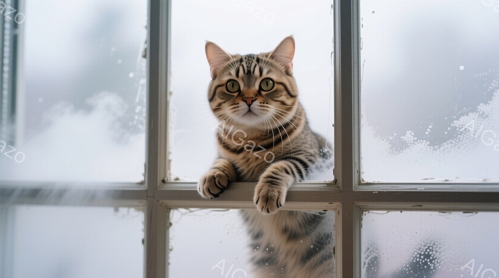 明るい縞模様の猫が窓枠に前足をかけて座っており、好奇心旺盛な表情でこちらを見ている。窓ガラスには雨粒がつき、背景はぼやけた屋外の景色で、雨模様の天候が伺える。全体的に、雨の日の暖かく穏やかな雰囲気が漂っている。