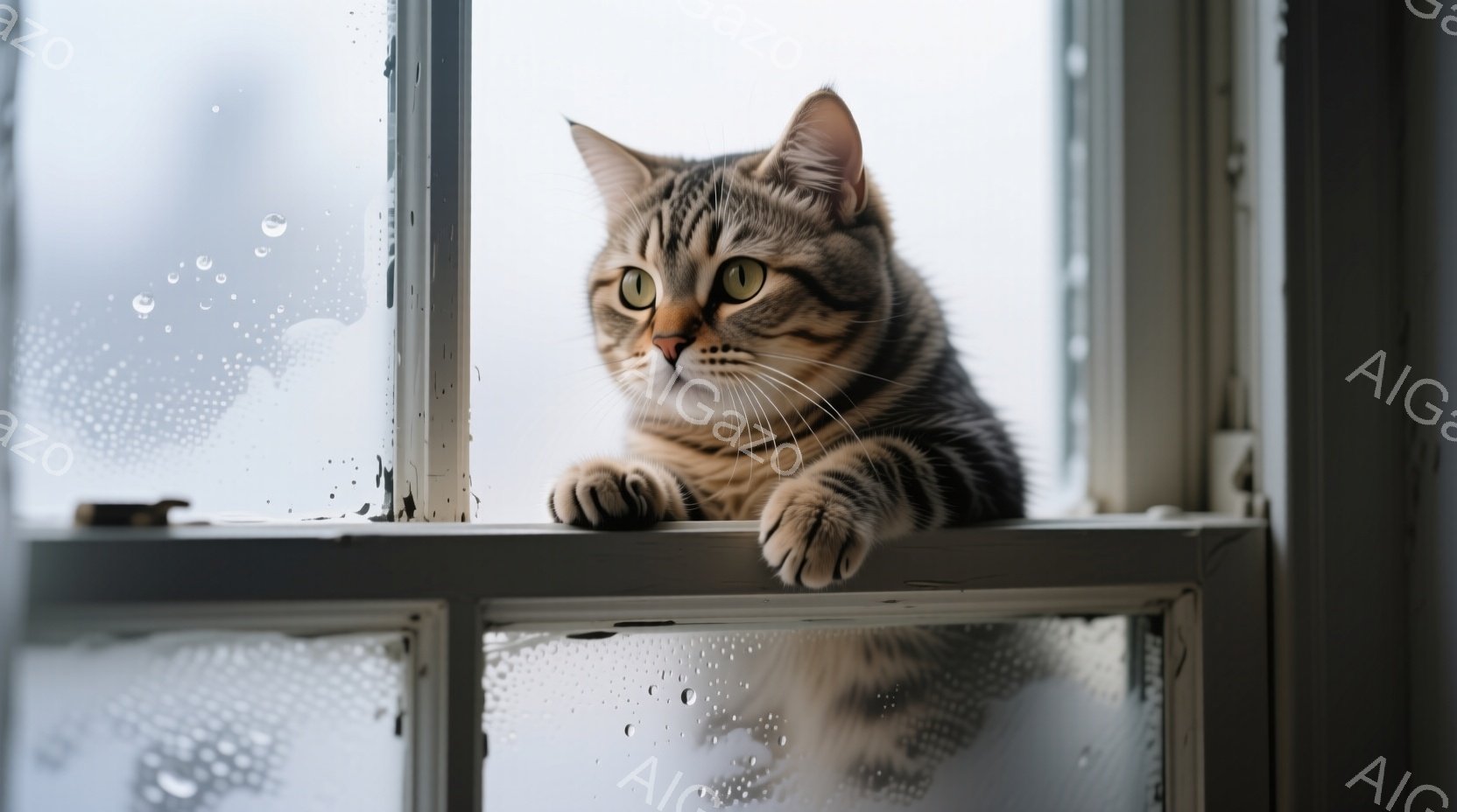 茶色の縞模様の猫が、雨粒で覆われた窓枠に前足をかけて覗き込んでいます。猫は緑色の目を大きく見開き、何かをじっと見つめているような表情をしています。背景はぼやけていますが、雨の日の暗い外の景色が見え、全体的に少し憂鬱で静かな雰囲気が漂っています。