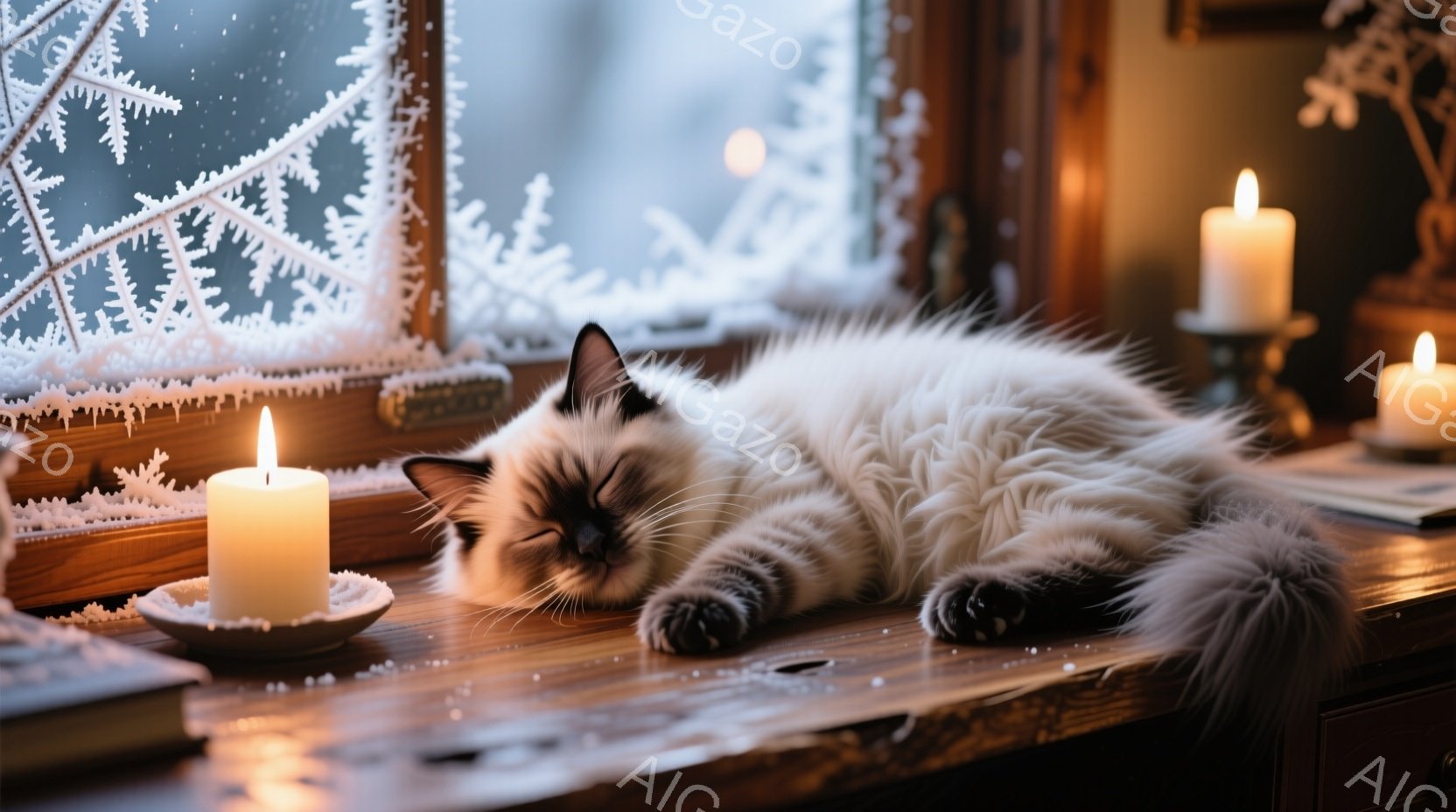 白い長毛の猫が木のテーブルの上で丸まって眠っています。窓の外は雪景色で、霜が窓に描かれた模様を覆っています。テーブルの上には点灯したキャンドルが数本置かれ、温かく穏やかな冬の雰囲気を醸し出しています。 - AI生成フリー素材