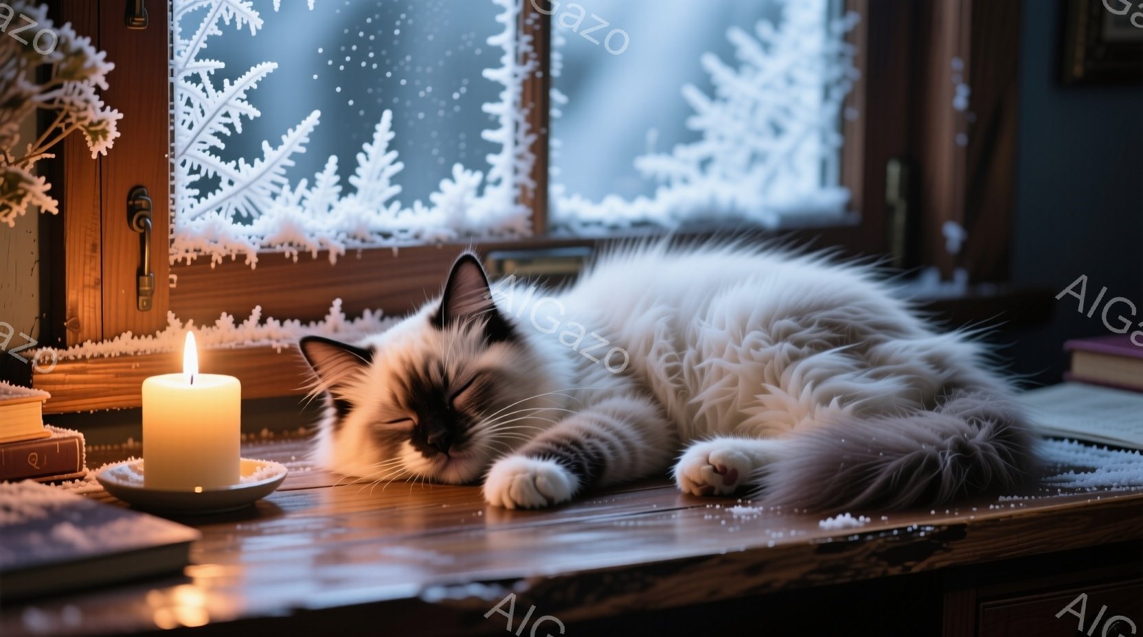 白い毛並みの猫が窓辺の棚で丸まって眠っている。窓ガラスには雪の結晶が描かれており、外は雪が降っているようだ。暖かく、穏やかな冬の日の雰囲気が漂い、近くには本と明かりが置かれている。 - AI生成フリー素材