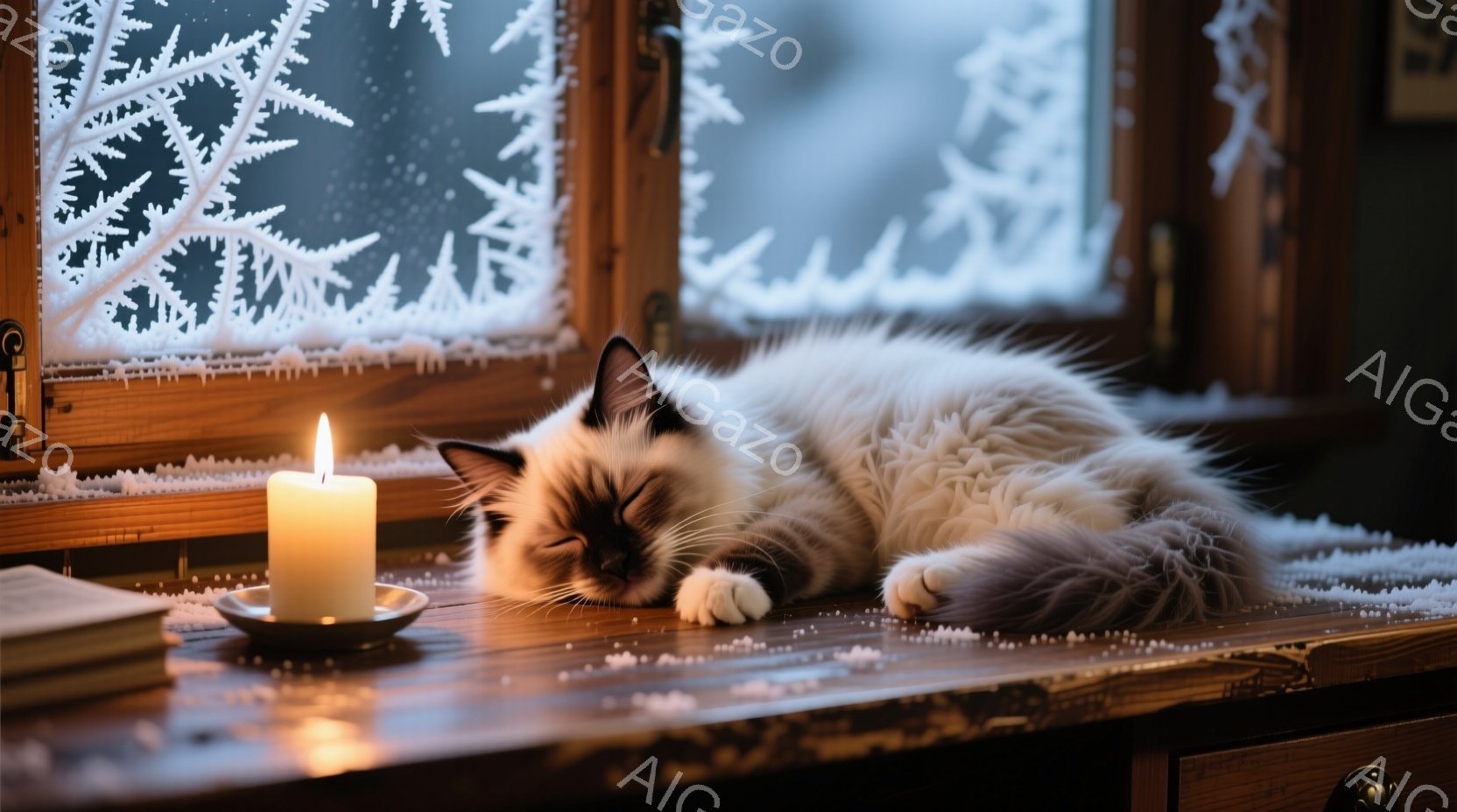 白いラグドール猫が窓辺の木製の台の上に横たわって眠っています。窓ガラスには雪の結晶が描かれており、台の上には点灯したキャンドルと開かれた本が見えます。暖かく、静かで、冬の穏やかな午後の雰囲気が漂っています。