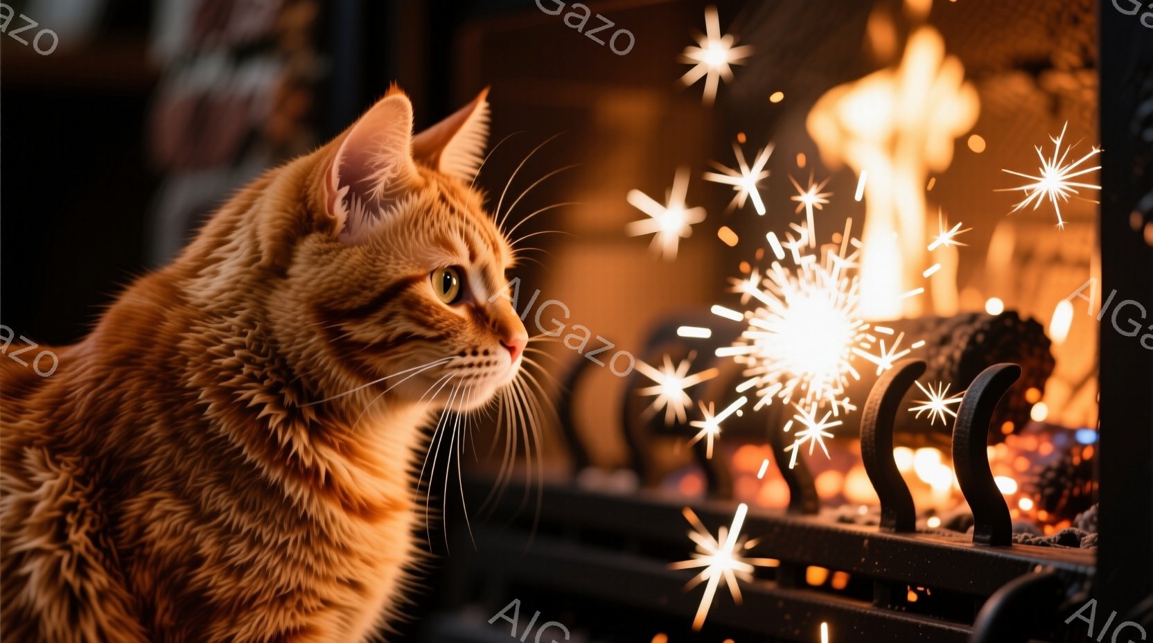 鮮やかなオレンジ色の毛並みを持つ猫が、暖炉のそばでこちらを見つめている。暖炉の中では木が燃え盛り、火花が飛び散り、温かく幻想的な雰囲気を醸し出している。背景は暗く、暖炉の炎と猫のオレンジ色が際立ってい - AI生成フリー素材