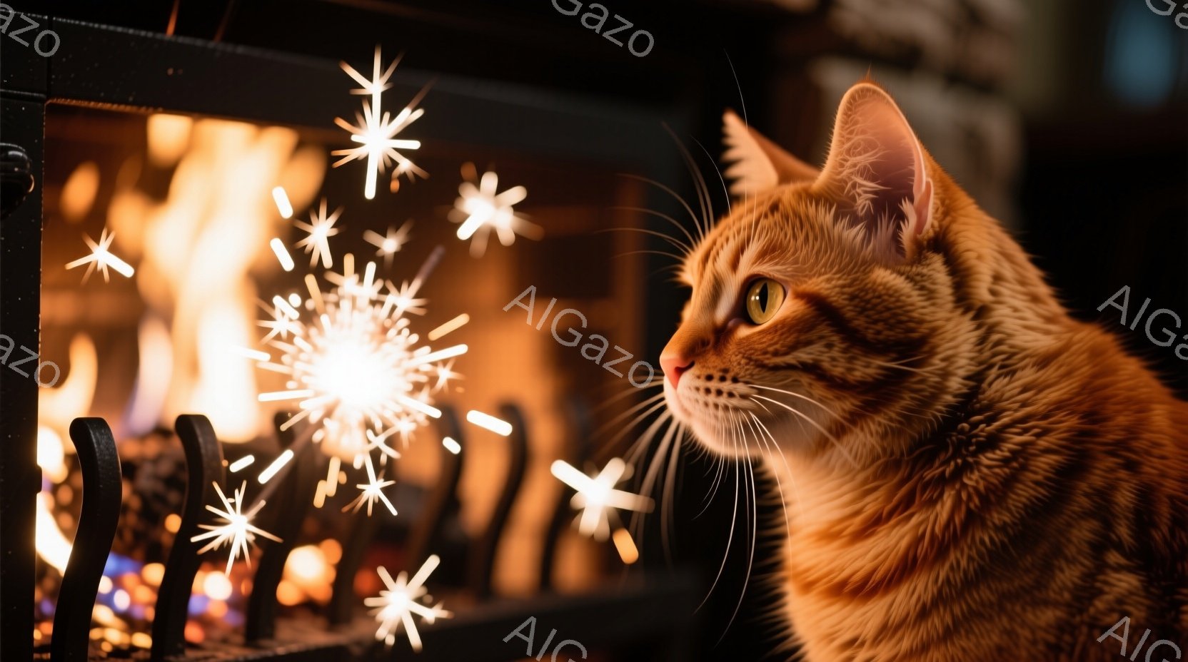 暖炉の炎を背景に、オレンジ色の毛並みの猫が右向きに座っています。猫は少し首を傾げ、どこかを見つめるような表情をしています。炎と、その周りに散らばる光の粒子が、暖かく幻想的な雰囲気を醸し出しています。 - AI生成フリー素材