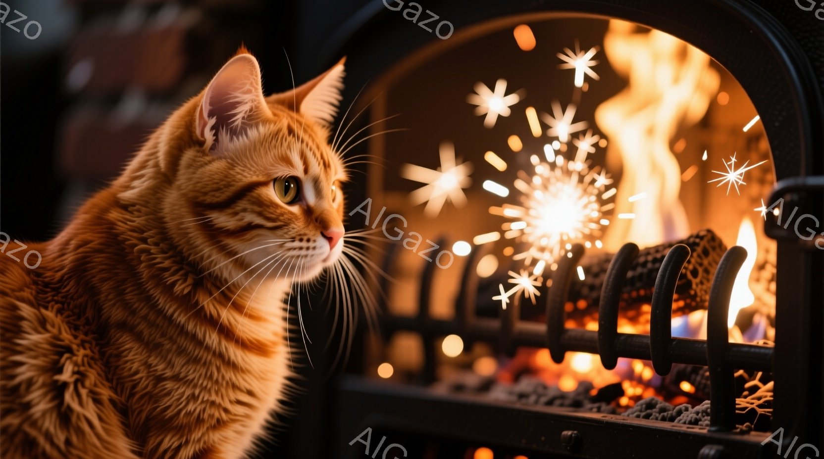 鮮やかなオレンジ色の毛並みを持つ猫が、興味深そうに暖炉を見つめている。暖炉の中では木々が燃え盛り、火花が飛び散り、暖かく心地よい雰囲気を作り出している。背景は暗く、暖炉の炎のオレンジ色が猫の毛並みと調和し、冬の夜の静けさと温かさを感じさせる。