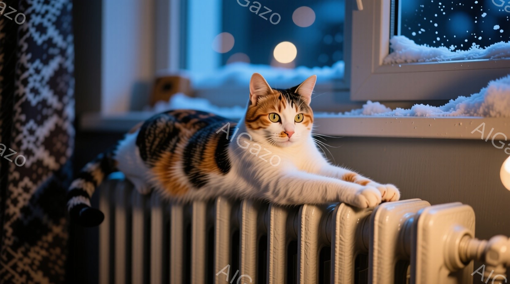 黒い毛並みの長毛猫が、雪に覆われた家の階段に座っています。猫は正面を向き、少し憂いを帯びた表情でカメラを見ており、ふさふさとした尻尾が階段から垂れ下がっています。背景には雪が降り積もる住宅と、ぼんやりとした冬の風景が広がっています。