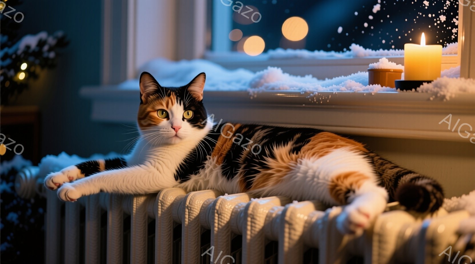 白と茶色のまだら模様の猫が、暖房器具の上でリラックスして横たわっています。窓の外は雪が降り積もり、暖かい光が灯されたキャンドルが、冬の夜の穏やかな雰囲気を醸し出しています。背景にはぼんやりとクリスマス - AI生成フリー素材