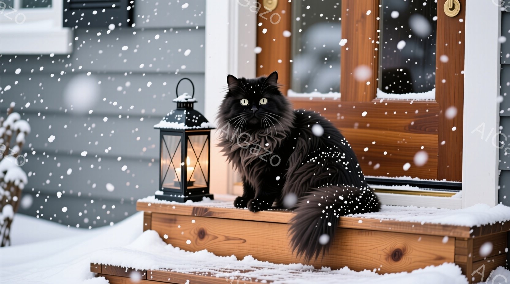 黒い長毛の猫が雪積もった家の玄関の段差に座っています。猫はまっすぐ前を見つめ、堂々とした表情をしています。背景には木製のドアと、雪が舞う冬の風景が広がっており、静かで落ち着いた雰囲気を醸し出しています - AI生成フリー素材