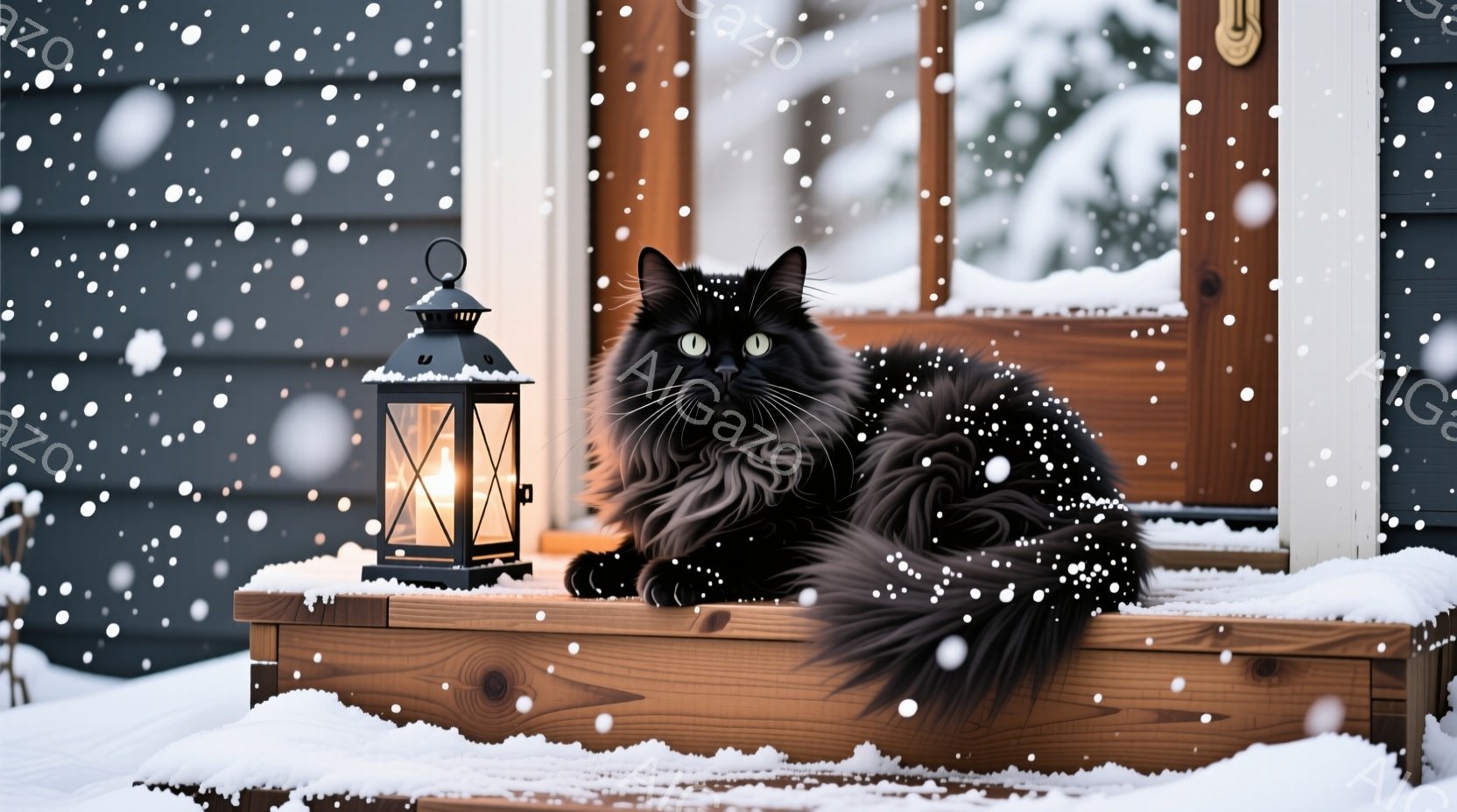 雪が降り積もる家の外階段に、ふわふわの黒猫が丸まって座っています。猫は前足を伸ばし、リラックスした表情でこちらを見つめており、その毛並みは雪景色の中で際立って見えます。背景には木製のドアと降り積もった - AI生成フリー素材