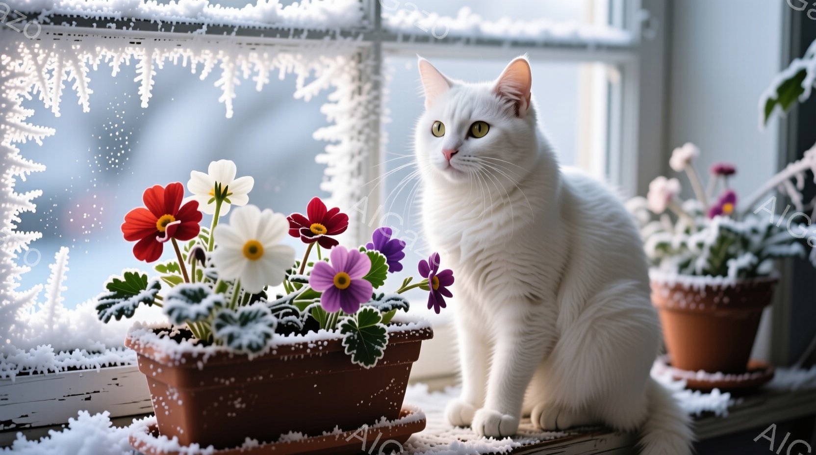 白い猫が窓辺に座り、正面を見つめている。窓枠には霜が降りており、その下に置かれた鉢植えには、赤、白、紫色の花が咲いている。背景はぼやけており、雪景色がうかがえる、冬の静かで穏やかな雰囲気の写真である。 - AI生成フリー素材