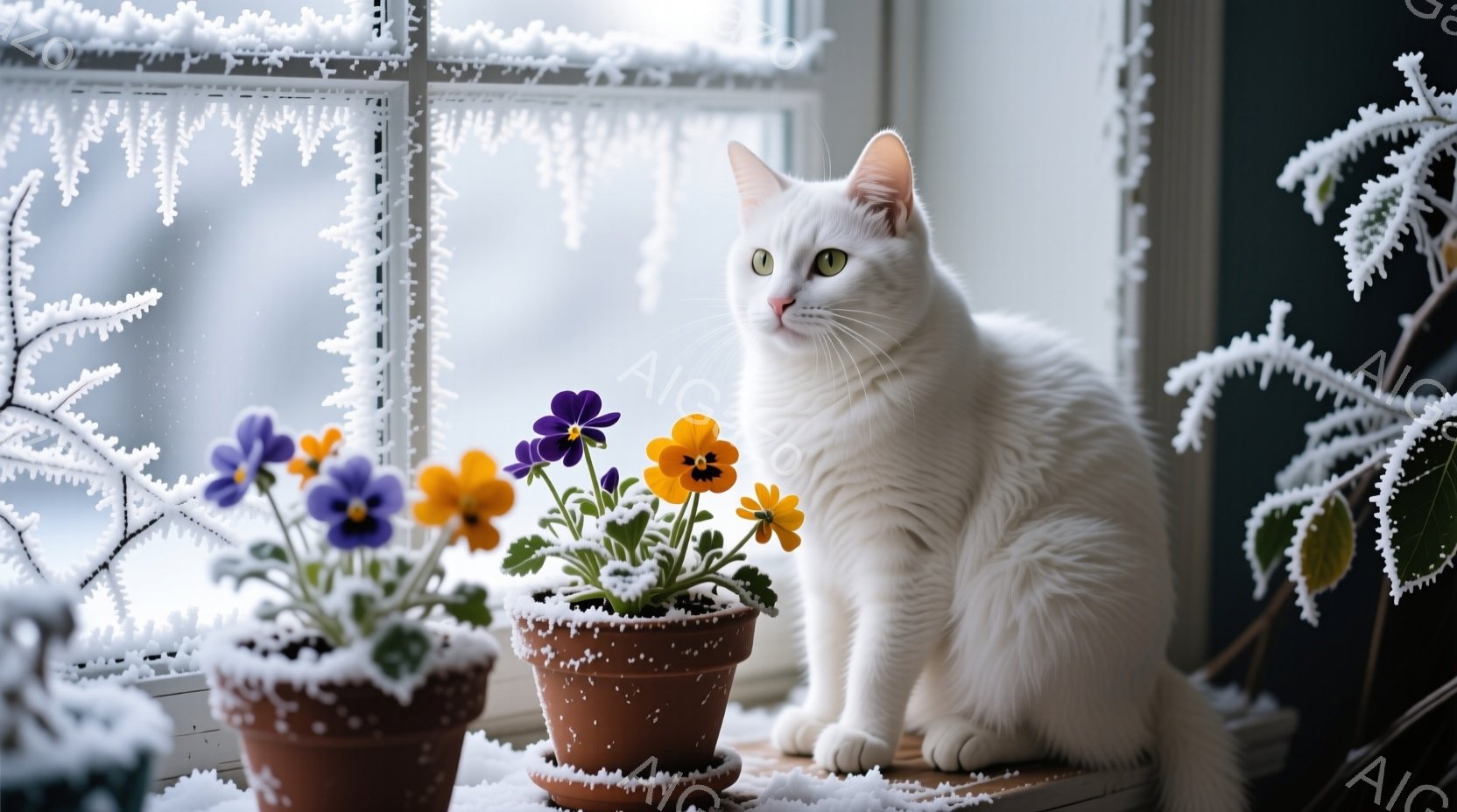 白い猫が窓辺に座り、興味深そうに何かを見つめている。背景には霜で覆われた植物と窓ガラスがあり、外は雪景色であることがわかる。全体的に穏やかで静寂な冬の雰囲気が漂っている。 - AI生成フリー素材