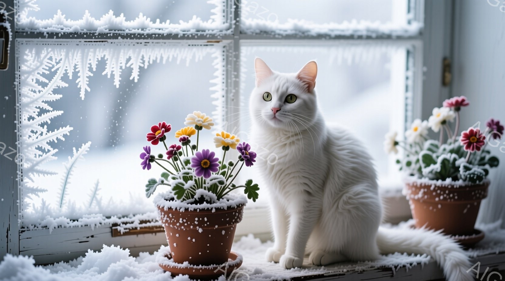 白い猫が、雪で覆われた窓辺に座り、鮮やかな色の花が植えられたテラコッタの鉢の間にいます。猫は正面を見ており、落ち着いた表情で、毛並みが美しく、ふわふわとしています。背景には雪景色が広がり、冬の静寂と温かさを感じさせる、穏やかな雰囲気の画像です。