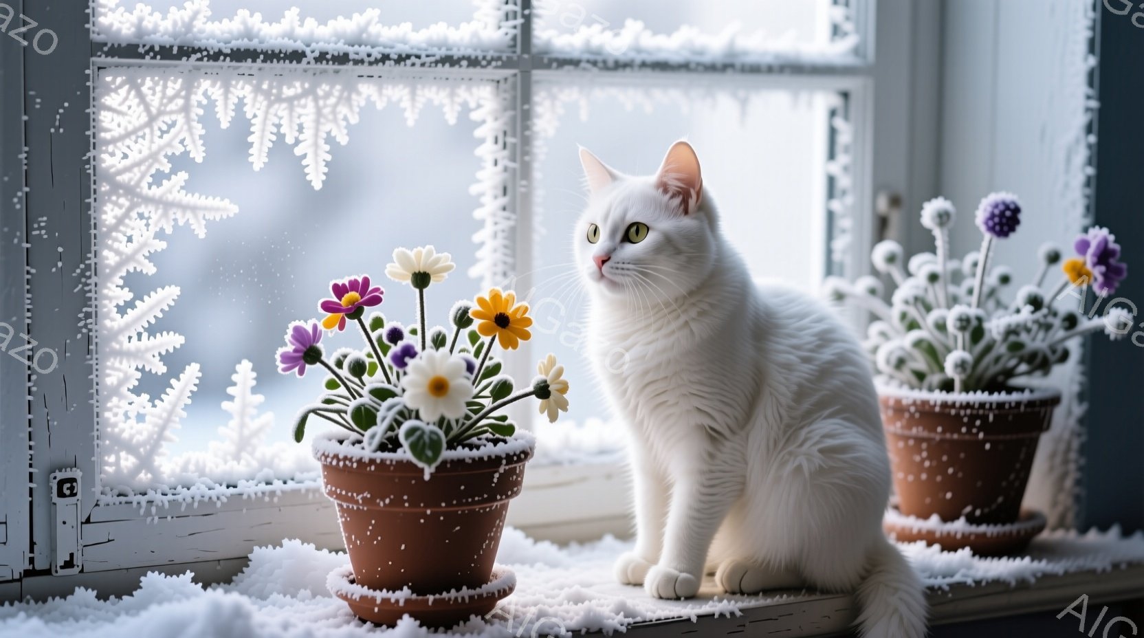 白い猫が、雪で覆われた窓辺に座り、正面を見つめている。猫の周りには、雪が積もった素焼きの鉢に入った花が置かれており、冬の静寂と暖かさを感じさせる。背景は雪景色で、窓枠には霜が降り積もり、全体的に穏やか - AI生成フリー素材
