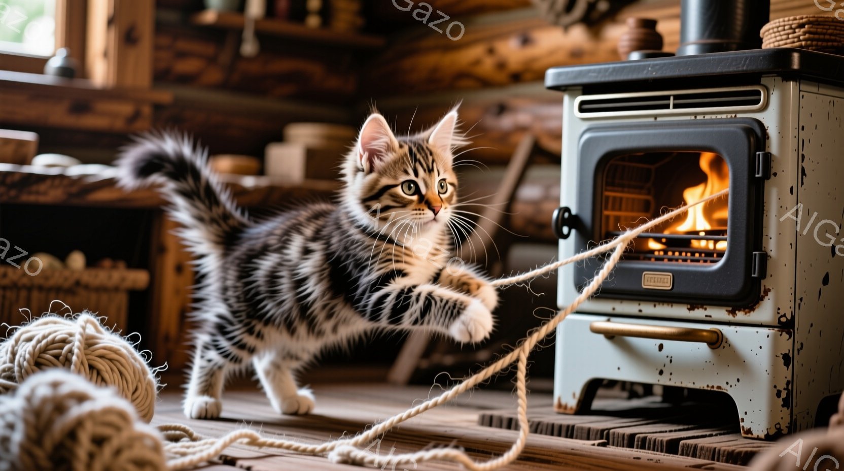 茶色の縞模様の小さな子猫が、遊び心いっぱいの表情で、床に広がる縄を前足で掴み、飛び跳ねようとしている様子が写っている。背景には、暖炉があり、火が燃え盛っているのが見えるため、室内は暖かく、居心地の良い雰囲気である。木製の床と壁が、暖炉の光と子猫の可愛らしさを引き立てている。