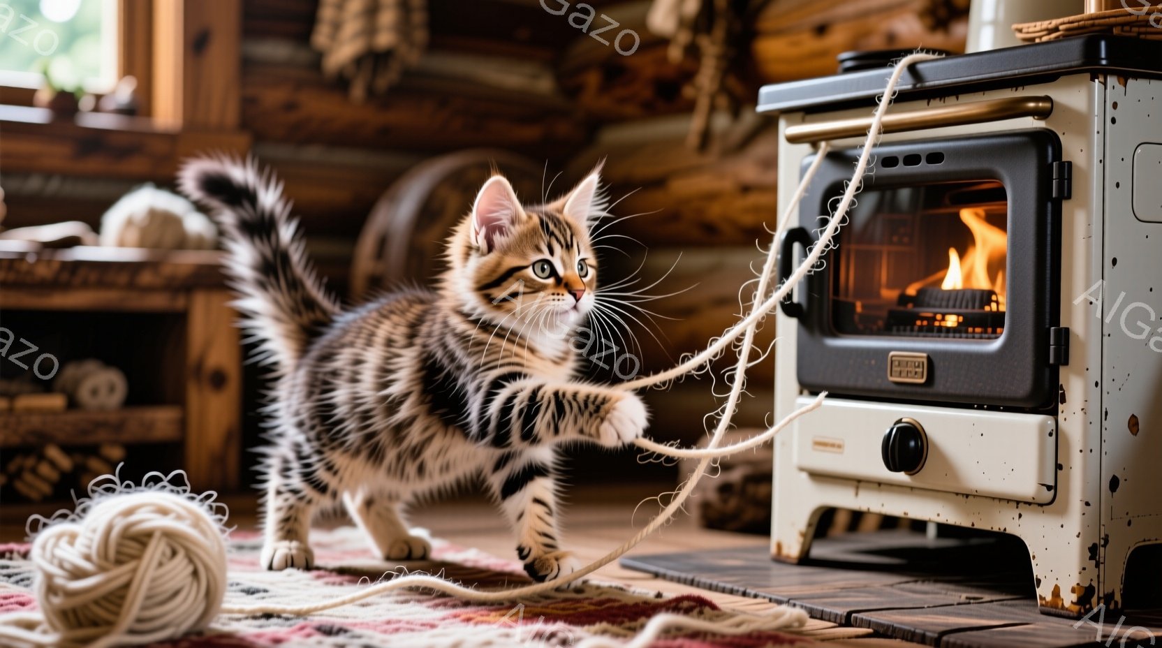 小柄な縞模様の子猫が、毛糸玉と戯れている様子が写っている。子猫は前足を伸ばし、毛糸を掴もうとしており、その表情は遊び心に満ちている。背景には木製の壁と暖炉があり、部屋全体が温かく、居心地の良い雰囲気に - AI生成フリー素材
