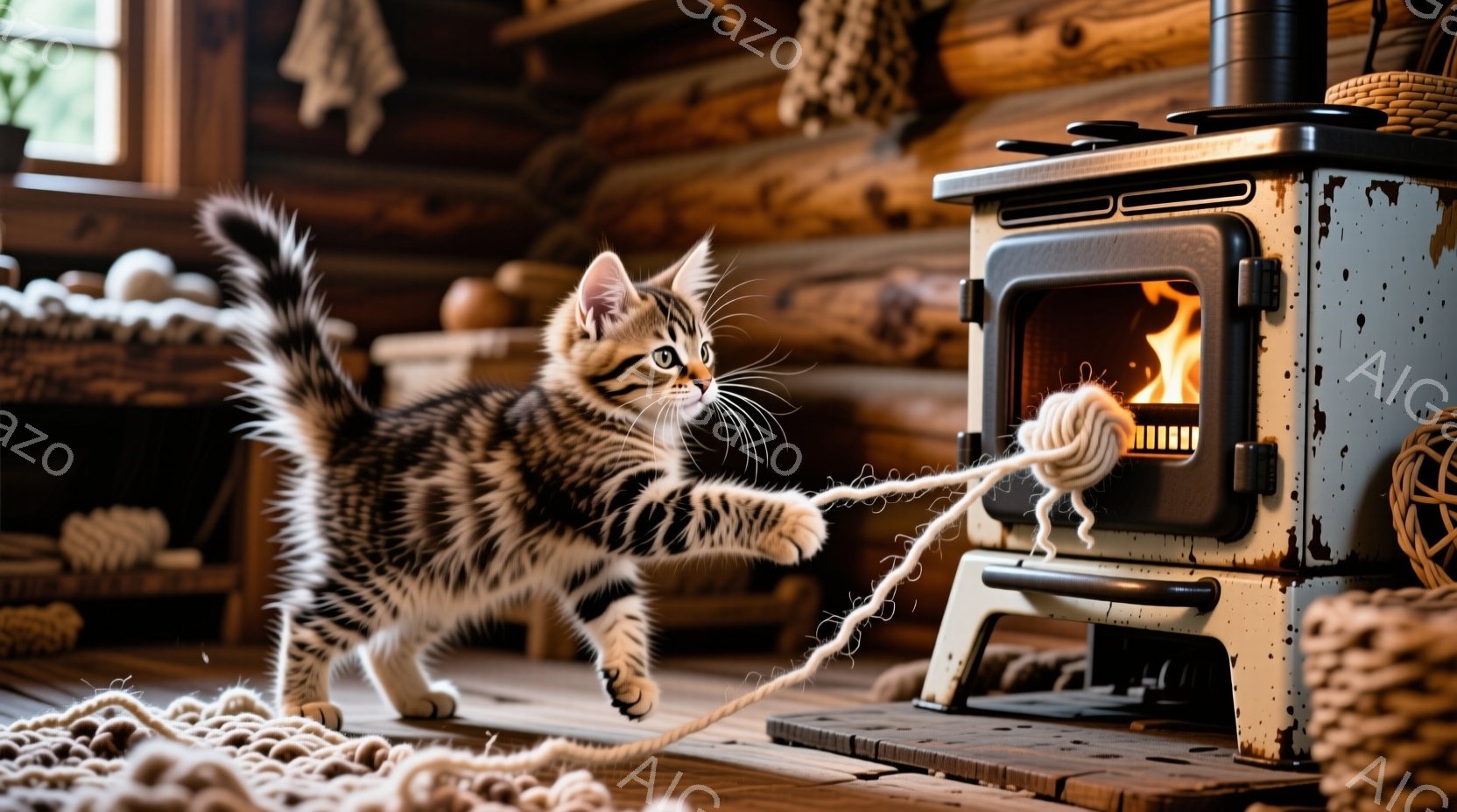 縞模様の子猫が、白いストーブの前に飛びかかり、毛糸玉を前足で叩こうとしています。背景は木製の壁で、暖炉から炎が燃え盛っており、温かい雰囲気です。毛糸は床に散らばっており、子猫の遊び心が感じられます。 - AI生成フリー素材