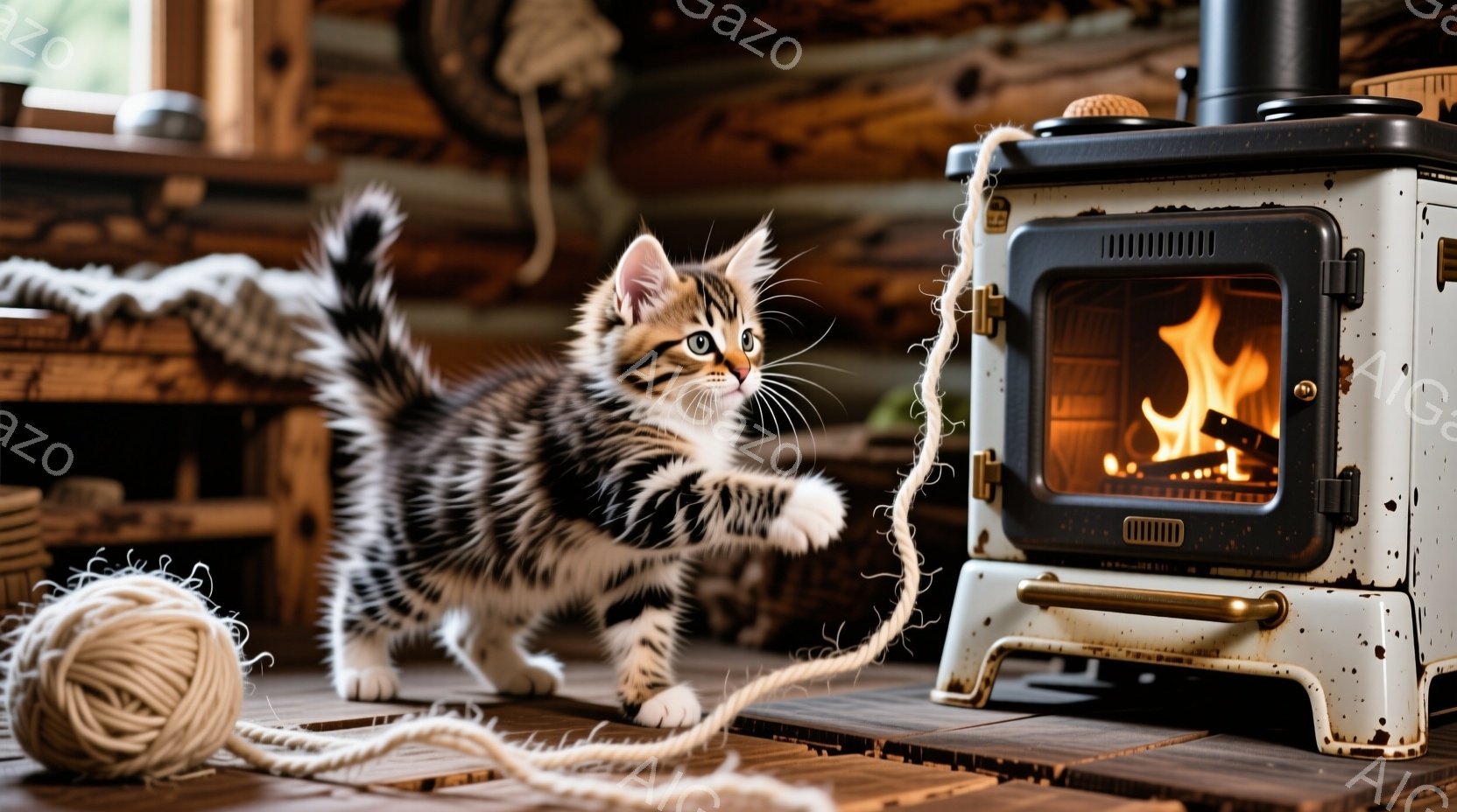 白と黒の縞模様の小さな子猫が、クリーム色のロープのボールと白いストーブのそばで遊び半分に手を伸ばしています。ストーブは暖かく光り、木材が燃えているのが見えます。背景は木製の壁で、素朴で暖かな雰囲気です。