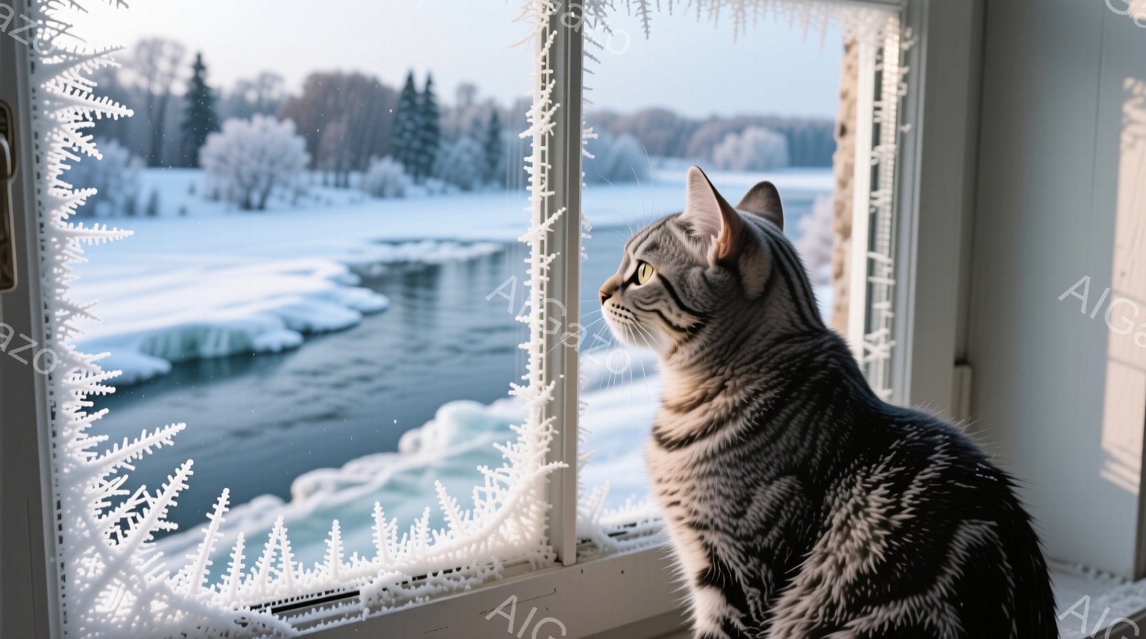 窓枠に座った縞模様の猫が、雪景色を静かに眺めている。背景には凍った湖と木々が広がり、冬の静寂と冷たさが感じられる。猫はリラックスした姿勢で、穏やかな表情で外を眺めている。