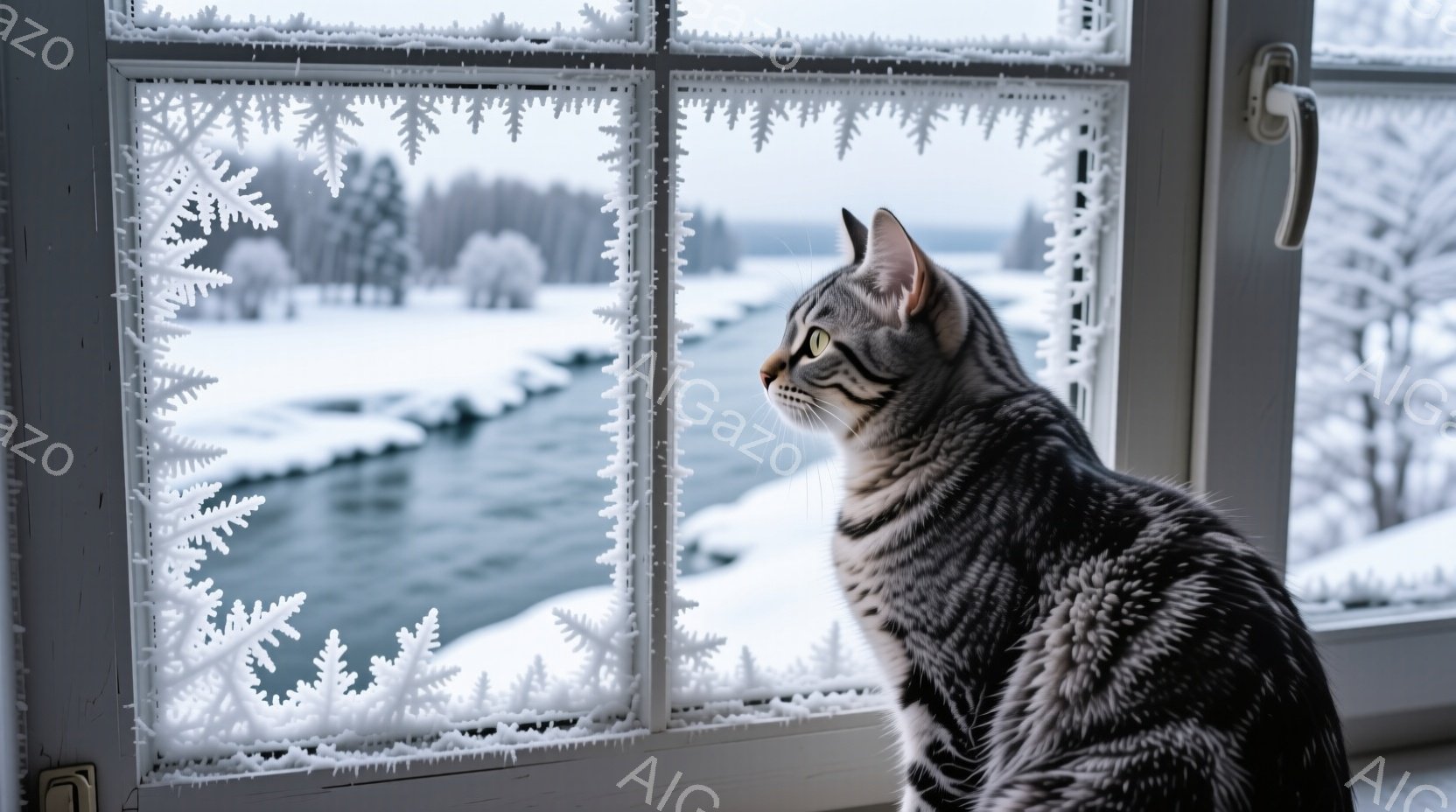 縞模様の猫が窓枠に座り、雪景色を眺めている。窓には雪の結晶のステッカーが貼られ、外は雪に覆われた川と木々が広がり、冬の静寂な雰囲気を醸し出している。猫は落ち着いた表情で遠くを見つめ、穏やかな冬の光が室 - AI生成フリー素材
