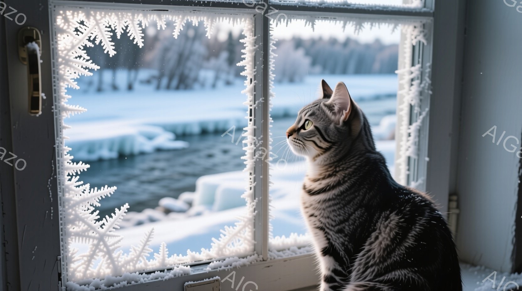 灰色の縞模様の猫が、霜で覆われた窓から外を眺めている。窓の外には雪景色が広がり、凍った湖や遠くの木々が見える。猫は静かに、どこか物憂げな表情で冬の景色を眺めている様子が、静寂な冬の雰囲気を醸し出してい - AI生成フリー素材