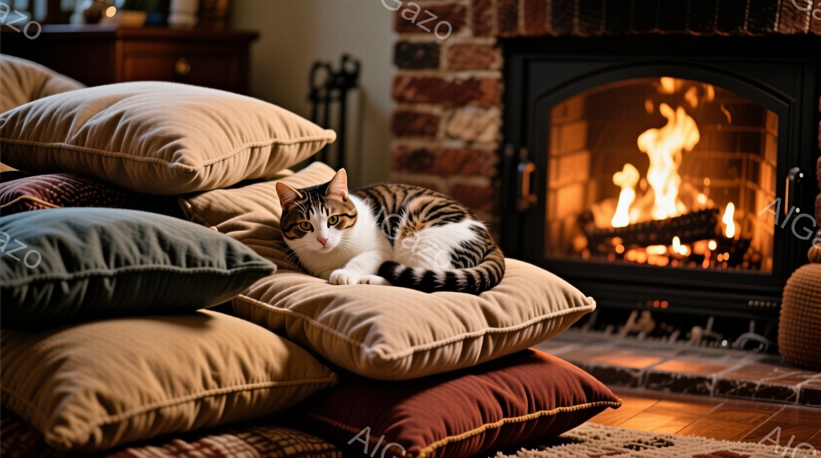 白と茶色のまだら模様の猫が、ベージュ、赤茶色、青緑色のクッションの山の上に丸くなって横たわっています。猫は前足を組み、落ち着いた表情でカメラを見つめており、リラックスした雰囲気を醸し出しています。背景にはレンガ造りの暖炉があり、炎が燃え盛って暖かく居心地の良い空間を演出しています。