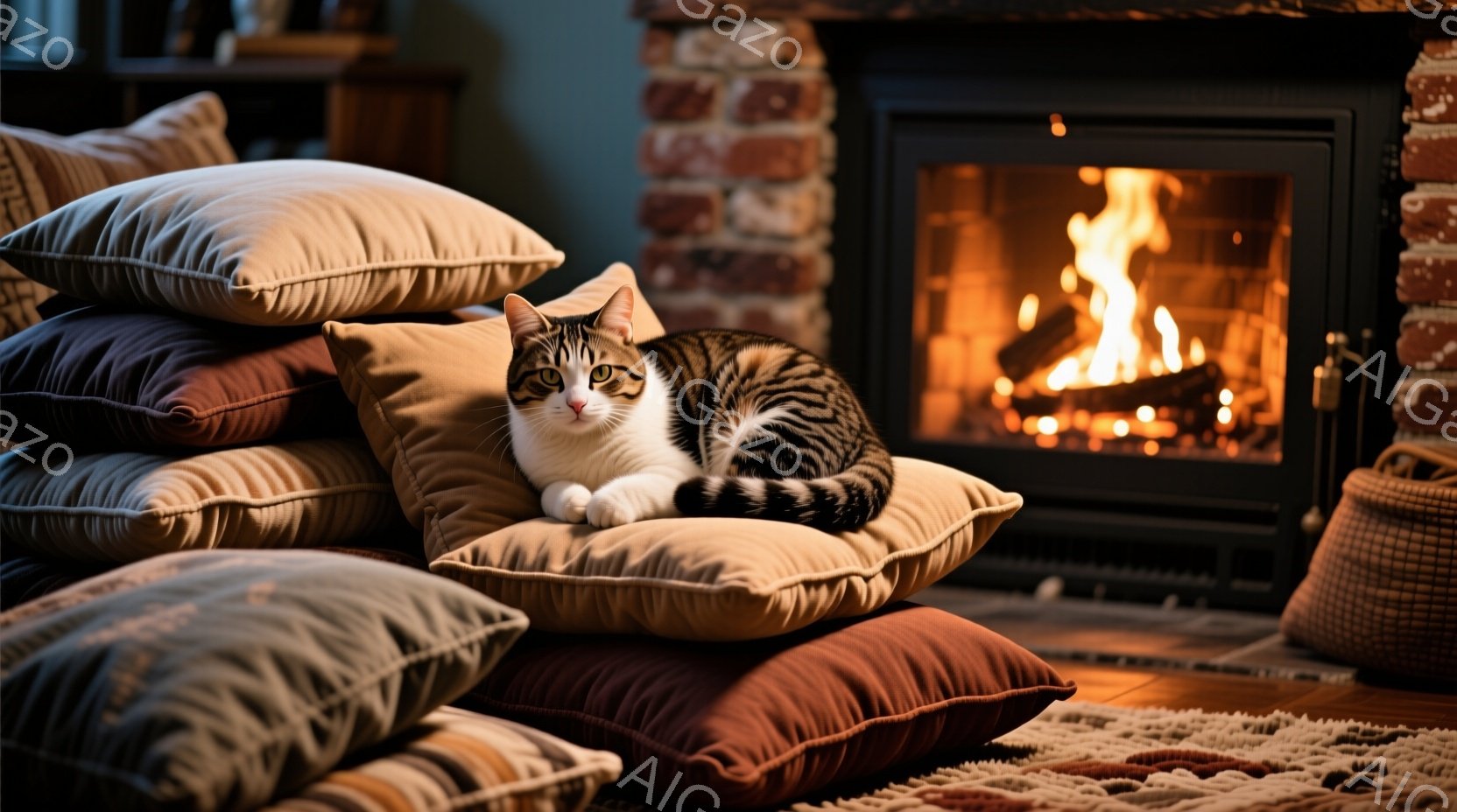 鮮やかなオレンジ色の縞模様の小さな子猫が、ベージュ色のランプのシェードに前足を伸ばして遊んでいます。子猫は好奇心旺盛な表情で、ランプを見つめており、周囲のカーペットはざらざらとした質感で、暖かく快適な - AI生成フリー素材