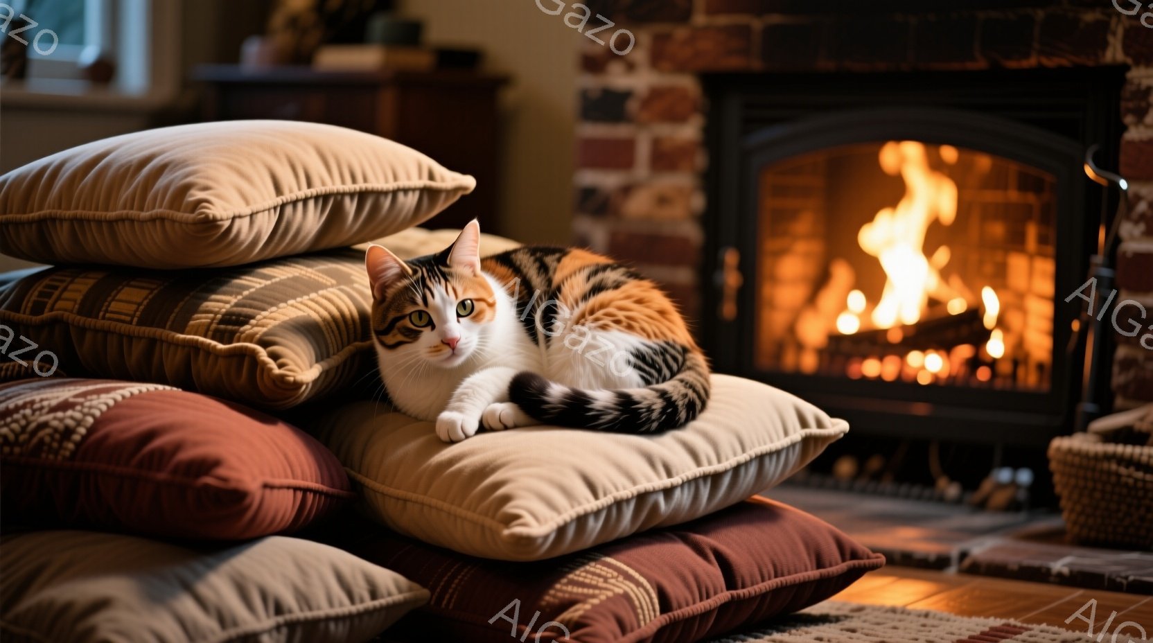 白と茶色のまだら模様の猫が、茶色やベージュのクッションの山の上にゆったりと横たわっています。猫はカメラの方を見ており、リラックスした表情で、穏やかな眼差しをしています。背景にはレンガの暖炉があり、炎が - AI生成フリー素材