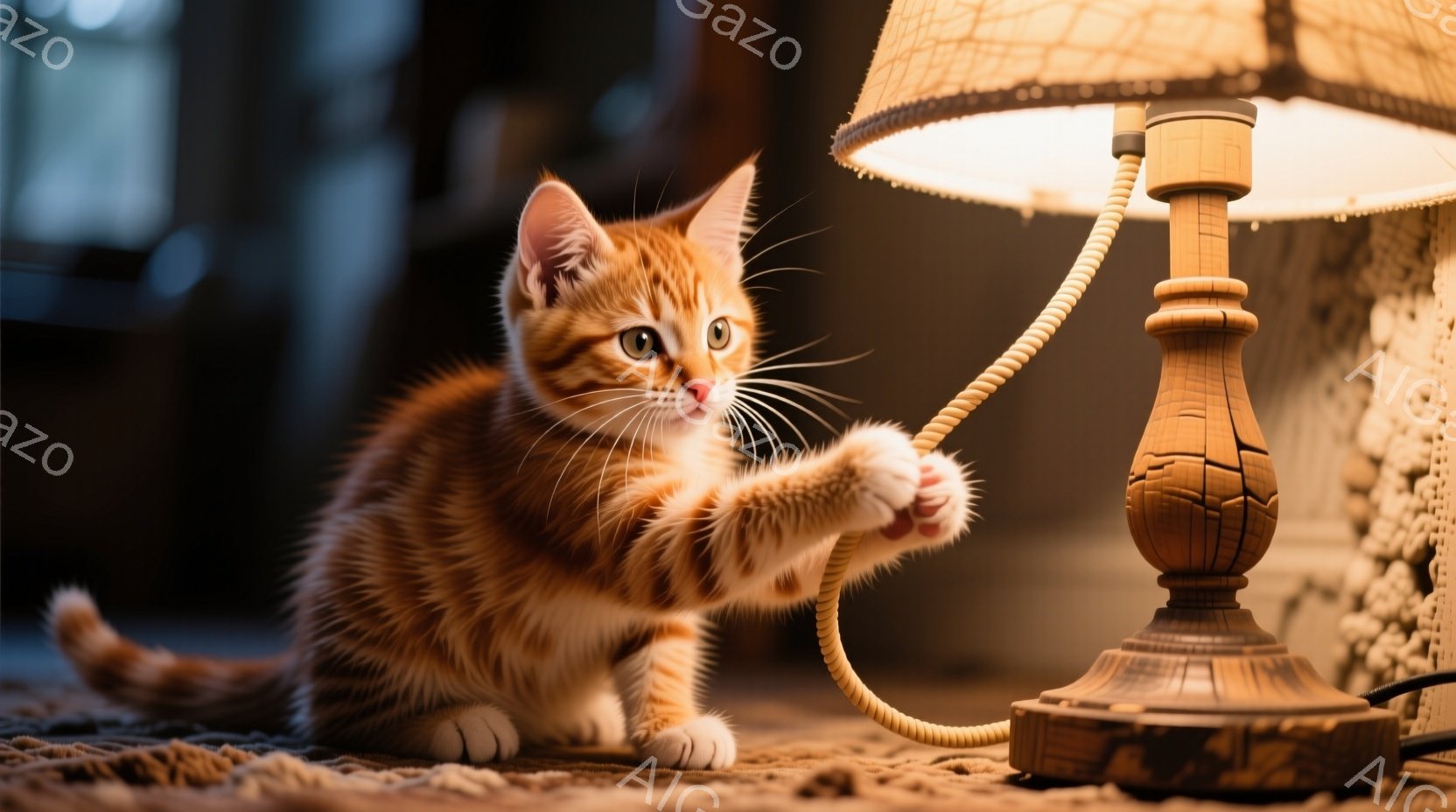 茶色の縞模様の小さな子猫が、ベージュ色のランプのコードを前足で叩いています。子猫は前かがみになり、遊び心のある表情でコードに集中しています。背景はぼやけており、ランプの周りのカーペットの質感が見えます。