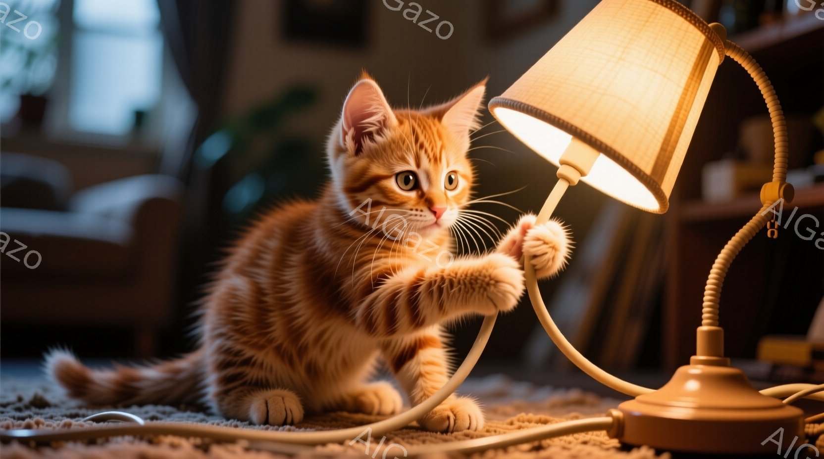 明るいオレンジ色の毛並みを持つ子猫が、床に置かれたデスクランプの傘に前足を伸ばして遊んでいます。子猫は好奇心旺盛な表情で、ランプを見つめており、背景にはぼやけた家具が見えます。全体的に暖かく、遊び心の - AI生成フリー素材