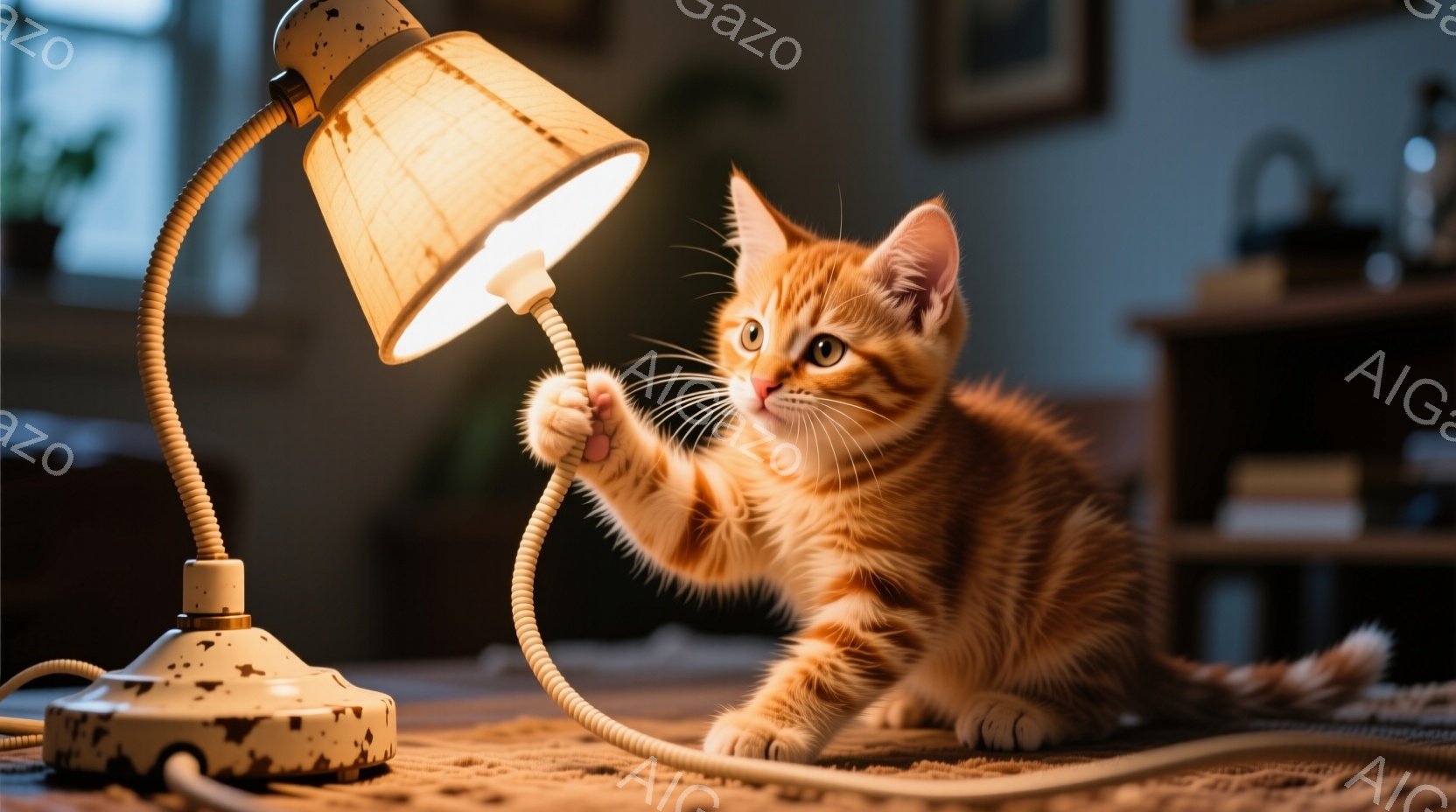 オレンジ色の縞模様の小さな子猫が、クリーム色のデスクランプの光を前足で触ろうとしています。子猫は少し身を乗り出し、好奇心に満ちた表情でランプを見上げています。背景には木製の家具や本が並び、暖かく居心地 - AI生成フリー素材