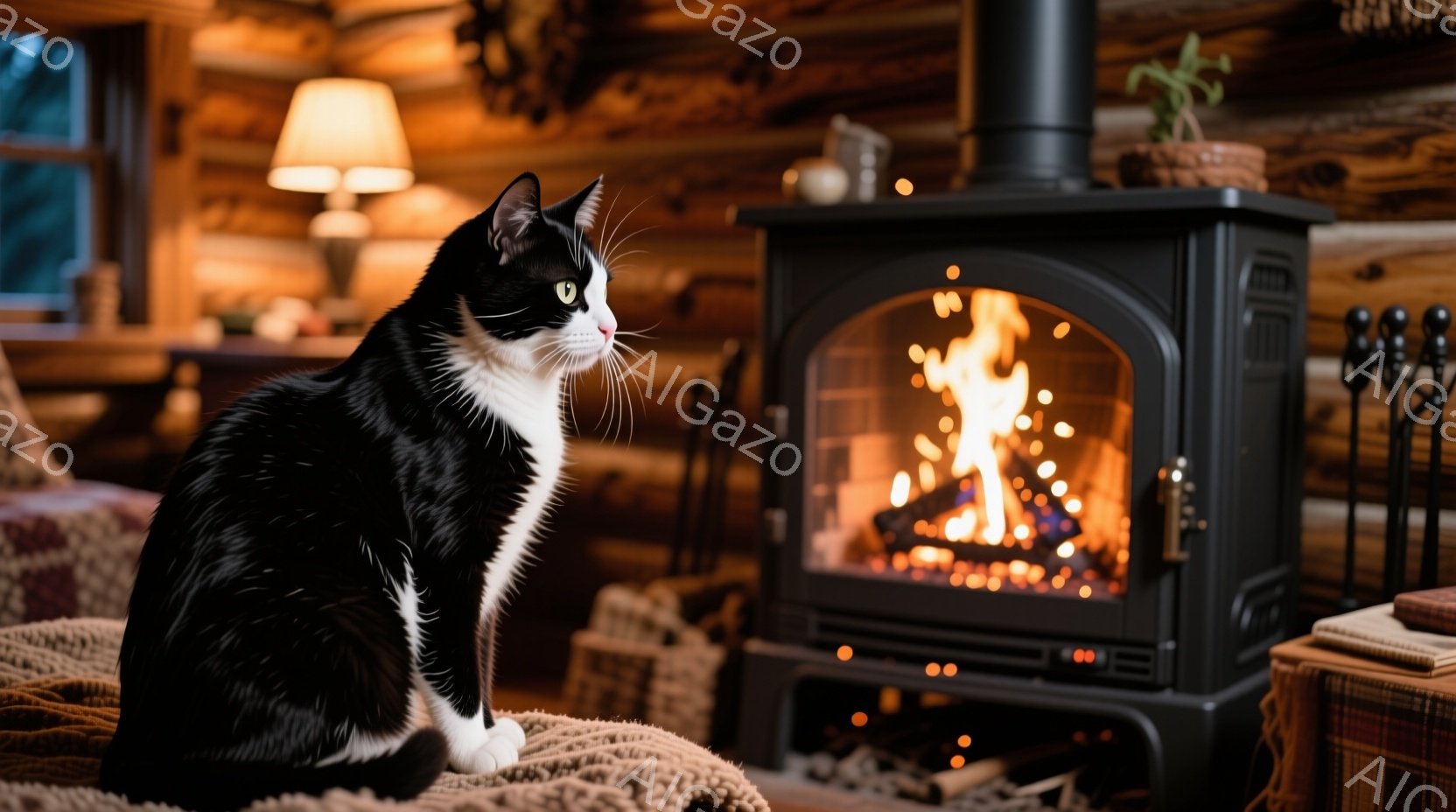 白と黒の猫が、毛布の上に座って何かを見つめている。暖炉が燃え盛っており、部屋全体を温かい光で満たしている。背景は木製の壁と家具で、リラックスした、落ち着いた雰囲気が漂っている。 - AI生成フリー素材
