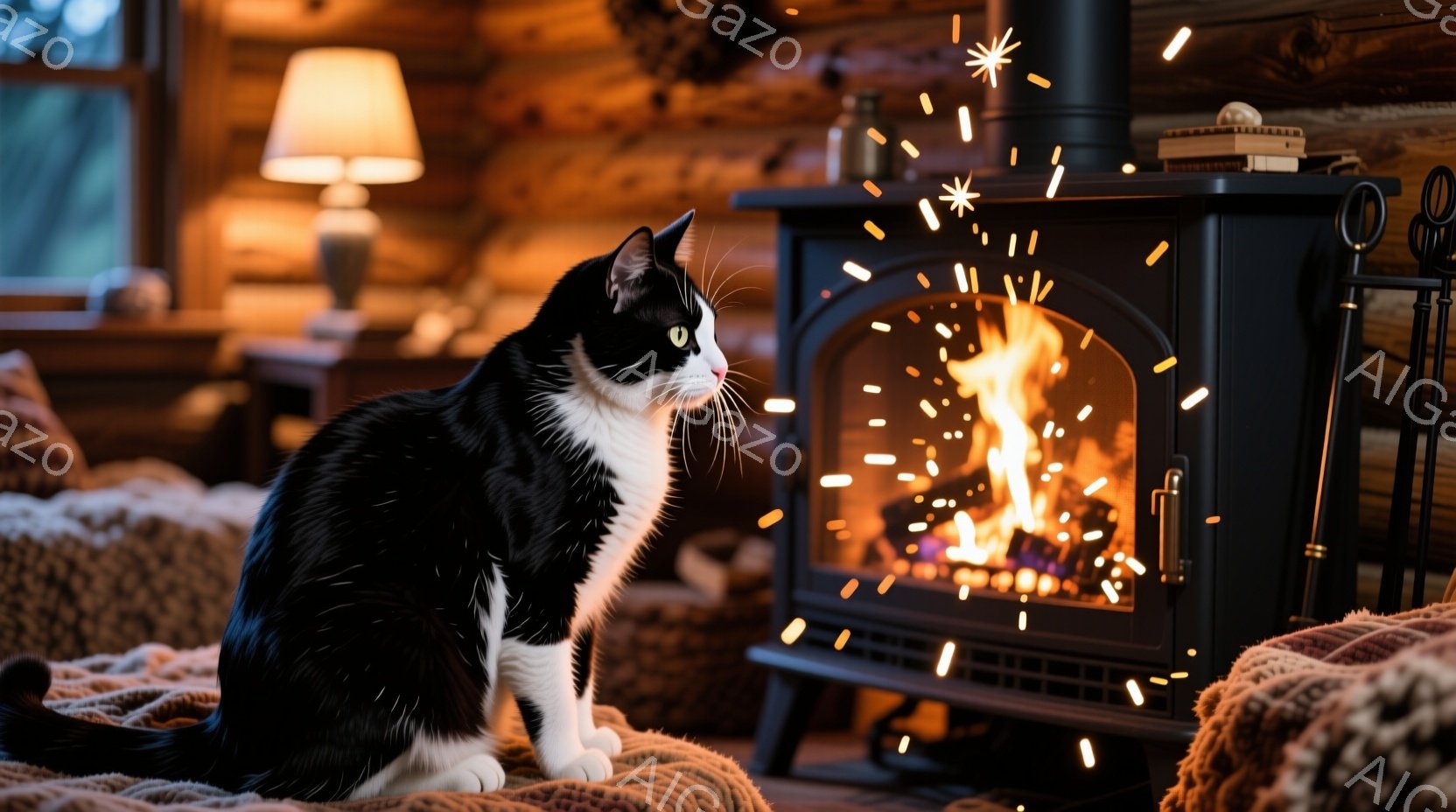 白と黒の猫が、毛並みの美しいクッションの上に座り、暖炉の火を見つめています。暖炉からは炎と火花が立ち上り、部屋全体を温かく照らしています。背景には木製の壁と本棚があり、冬の夜の静かで心地よい雰囲気が漂っています。