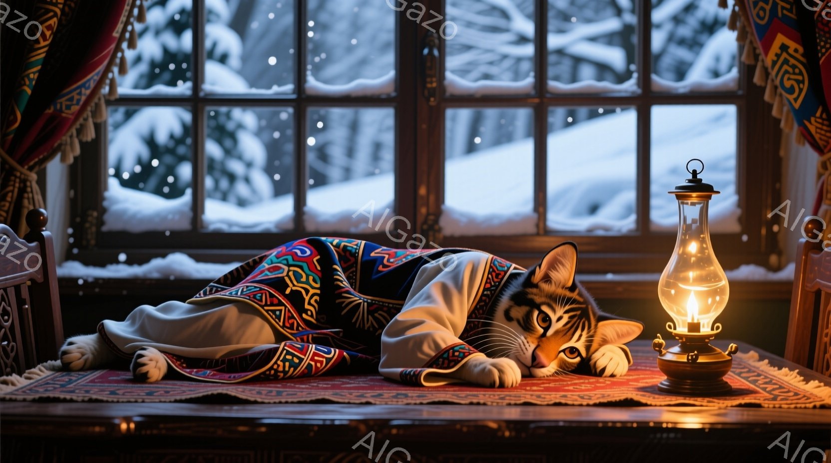 縞模様の猫が、複雑な模様の民族衣装のようなブランケットにくるまって、窓辺のテーブルの上で横たわっています。外は雪が降り積もり、窓の外には雪景色が広がっています。温かい光を放つオイルランプが猫の横に置かれ、静かで穏やかな冬の雰囲気を醸し出しています。