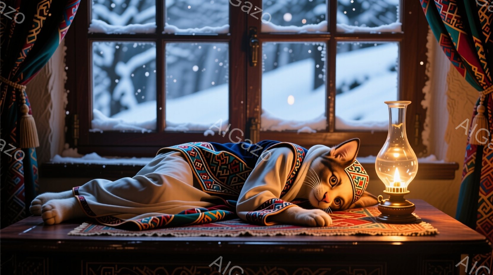 暖炉の光が灯る木製のテーブルの上に、民族衣装のような模様の織物で包まれた猫が横たわっています。窓の外には雪景色が広がり、猫の穏やかな表情と暖かな光が、冬の静けさの中でくつろぎの雰囲気を醸し出しています。鮮やかな織物と雪景色とのコントラストが印象的で、どこか物語性を感じさせる光景です。