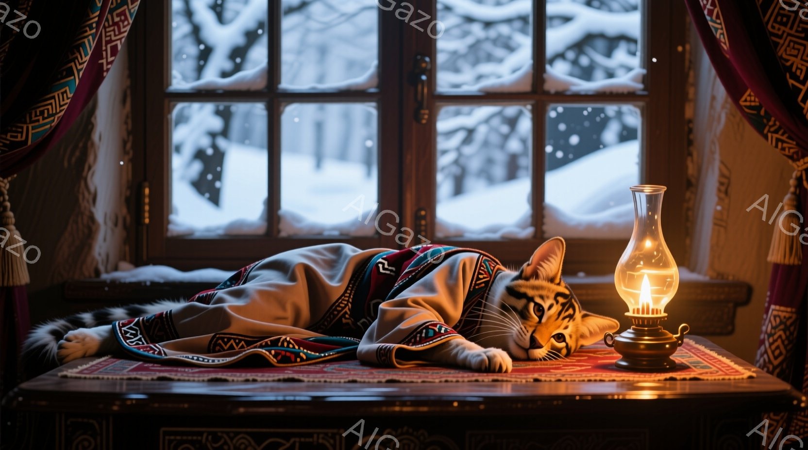 縞模様の猫が、暖かい毛布にくるまって、木のテーブルの上で横たわっています。窓の外は雪景色で、冬の静けさが感じられます。テーブルの上にはオイルランプが灯っており、猫と毛布を優しく照らし、温かい雰囲気を醸 - AI生成フリー素材