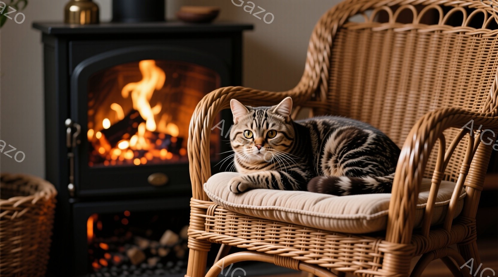 縞模様の猫が、籐製の椅子にゆったりと腰掛けています。暖炉の炎が背景に見え、部屋全体が温かく穏やかな雰囲気に包まれています。猫はリラックスした表情で、まるで自分の住処のようにくつろいでいます。