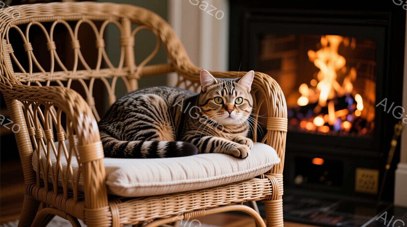 明るい色の籐製の椅子に、縞模様の猫がゆったりと座っています。猫はリラックスした表情で、前足を組み、遠くを見つめています。背景には暖炉があり、炎が燃えており、部屋全体に温かい雰囲気が漂っています。