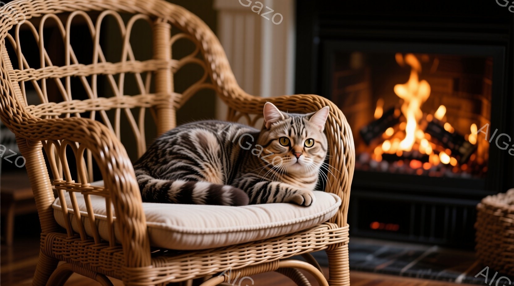 縞模様の猫が、籐製の椅子にゆったりと横たわっています。猫はリラックスした表情で、正面をまっすぐ見つめています。背景には暖炉があり、燃え盛る炎が温かく、居心地の良い雰囲気を醸し出しています。