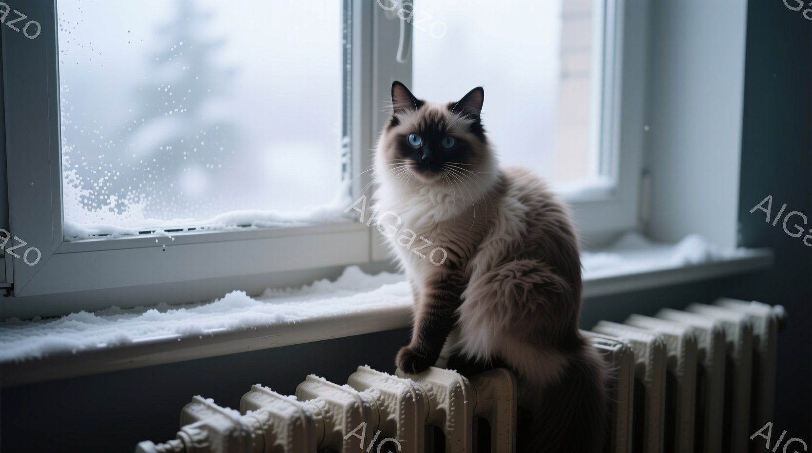 白と茶色の毛並みを持つ、美しいシャム猫が、霜で覆われた窓枠に沿った暖房器具の上に座っています。猫は正面をまっすぐ見つめており、その瞳は鮮やかなブルーで、冬の風景とのコントラストをなしています。背景には雪が降る景色が見え、全体的に静かで、寒々とした冬の雰囲気を醸し出しています。