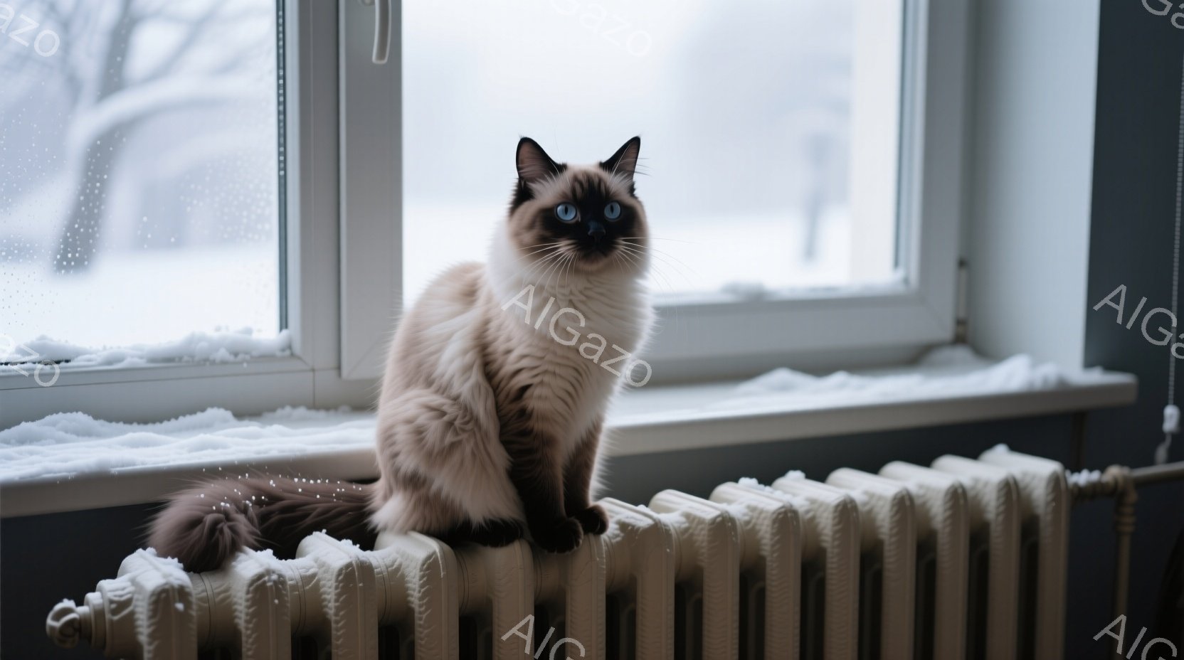 白と茶色の美しい猫が、暖房器具の上で優雅に座っている。窓の外は雪景色で、冷たい冬の空気が漂っているが、猫は暖かく安らぎを感じているようだ。その青い瞳は、どこか物憂げで、冬の静寂を反映している。 - AI生成フリー素材