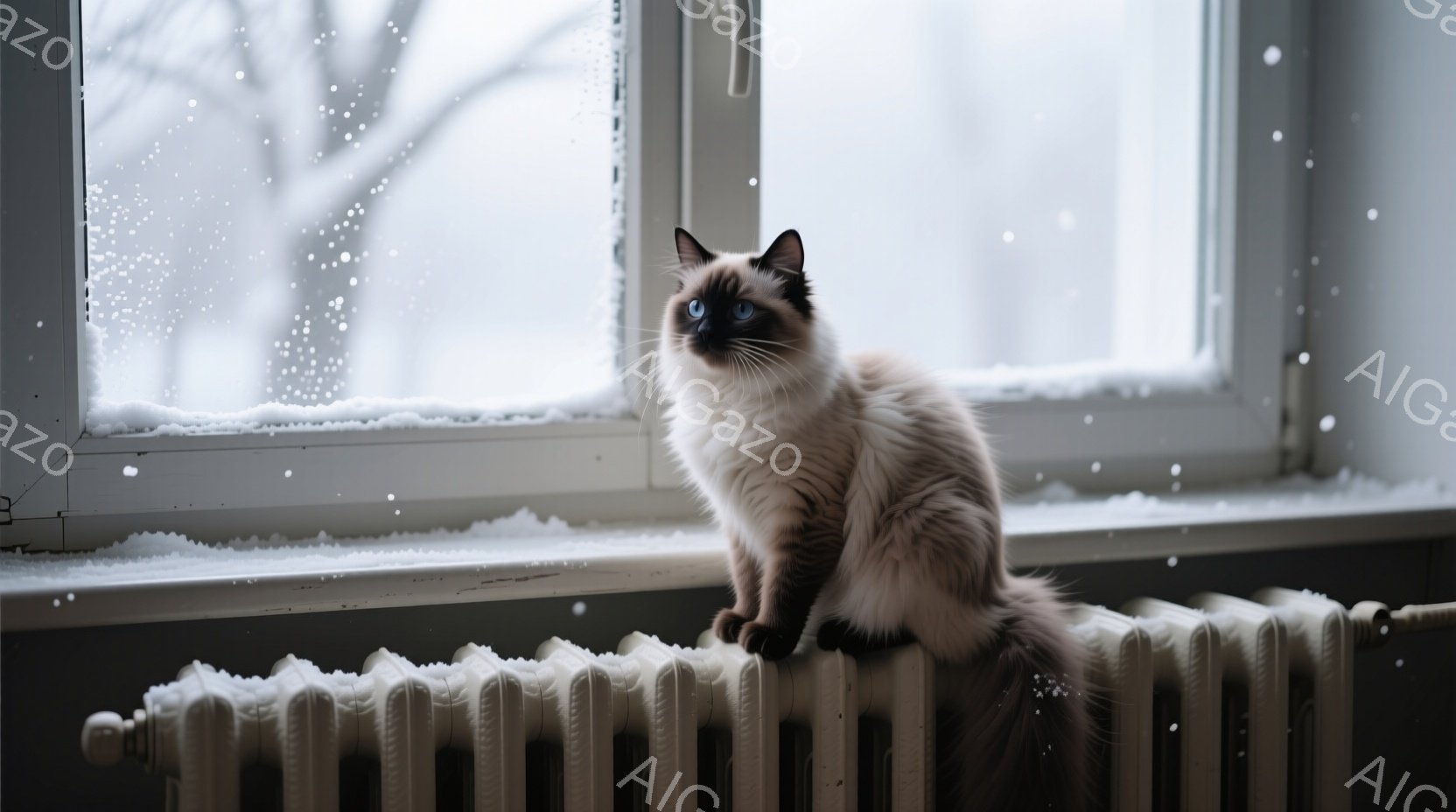 窓辺の暖房器具の上に、美しいシャム猫が座っています。猫は落ち着いた表情で遠くを見つめており、ふさふさとした毛並みが暖かさを感じさせます。背景には雪が降り積もり、冬の静かで穏やかな雰囲気が漂っています。 - AI生成フリー素材
