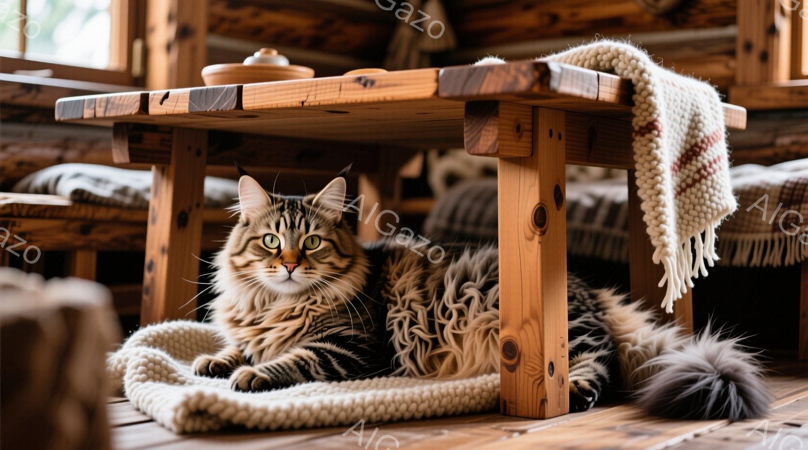 縞模様の大きな猫が、手編みの毛布の上にリラックスして横たわっています。木製のテーブルの下に隠れるようにして、穏やかな表情でカメラを見つめています。背景は木の床と壁で、温かく居心地の良い室内空間が広がっ - AI生成フリー素材
