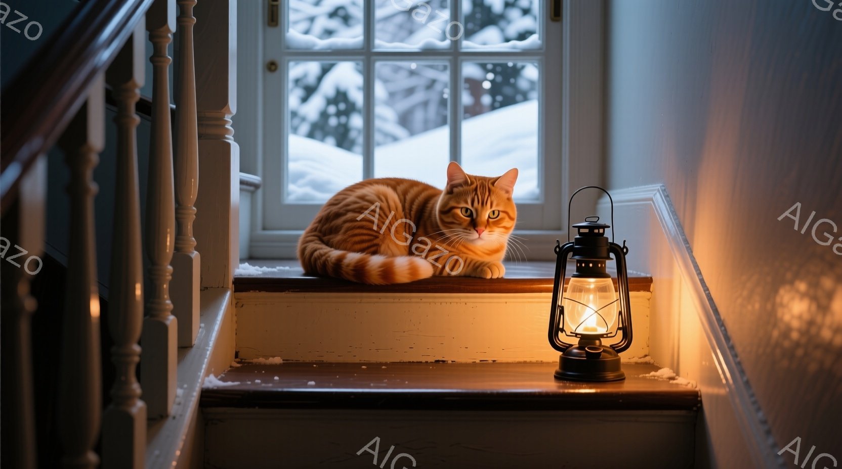 暖炉のようなオレンジ色の毛並みの猫が、白い階段の段に丸まって座っています。窓の外には雪景色が広がり、薄暗い室内には煤けたような黒いランタンが置かれ、温かい光を放っています。全体的に、静かで穏やかで、冬 - AI生成フリー素材