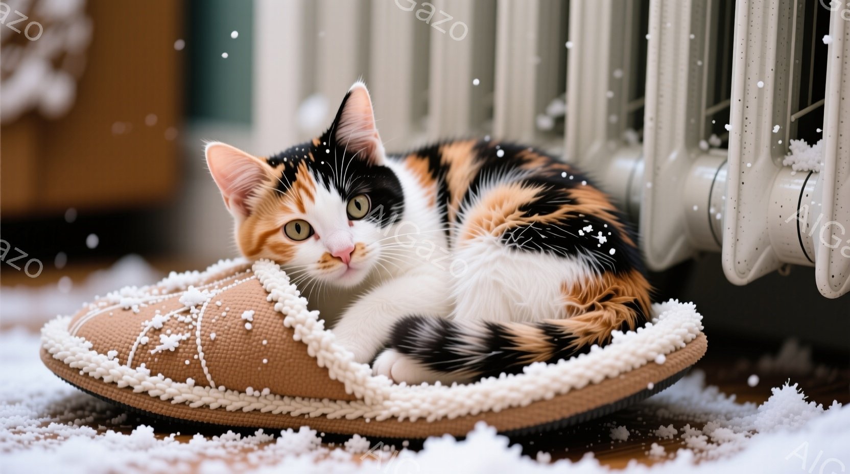 白とオレンジと黒のまだら模様の猫が、ふわふわした茶色のスリッパの中で丸まって眠っています。背景には白い暖房器具があり、周りには雪のような白いものが散らばっています。温かく、居心地の良い、冬の日の穏やかな雰囲気が漂っています。