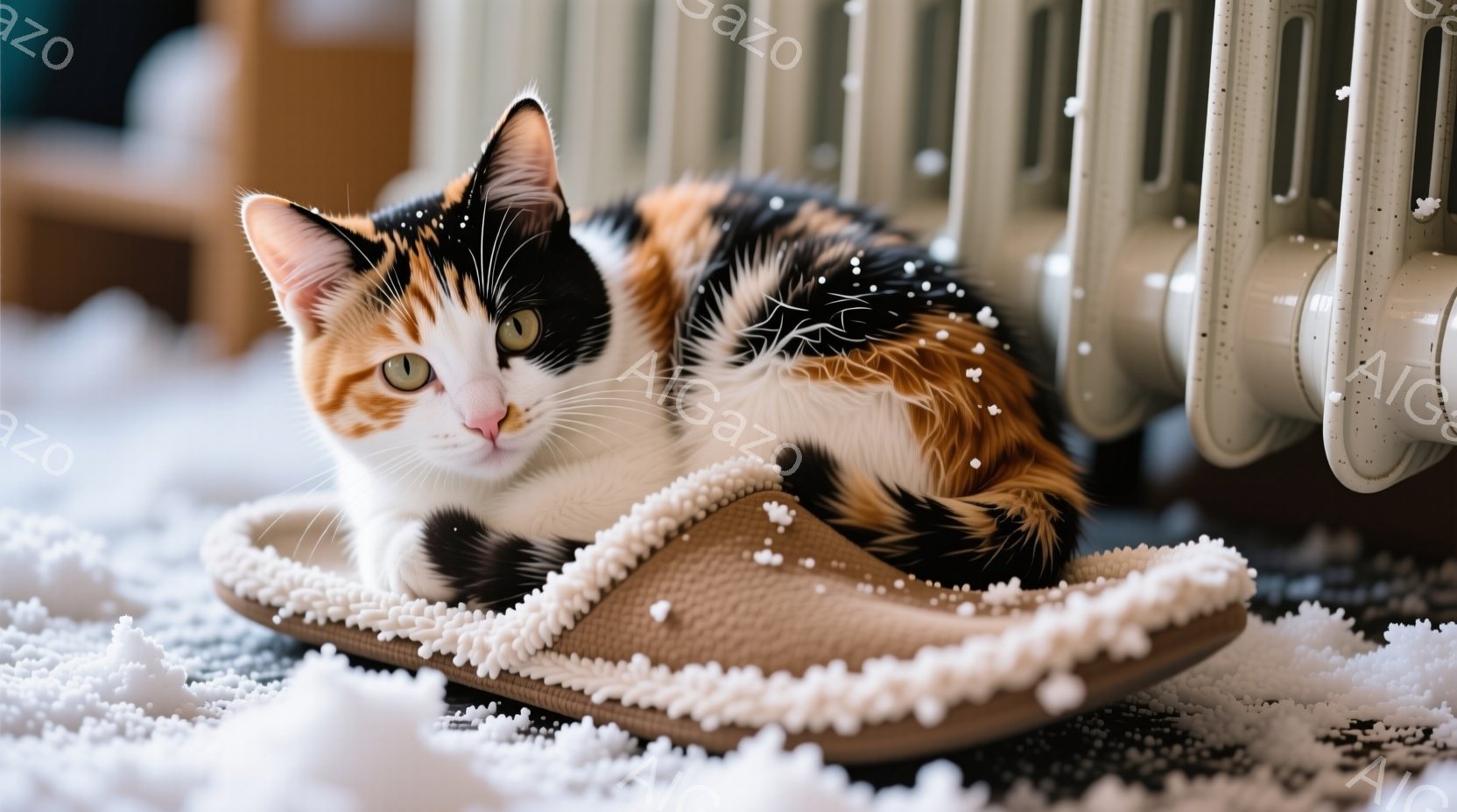 白、黒、オレンジのまだら模様の猫が、ふわふわしたスリッパの上で丸まって眠っています。背景には暖房器具が見え、雪が舞っていることから、冬の暖かい室内の一コマであることがわかります。猫の穏やかな表情と暖かな光が、安らぎと幸福感を漂わせています。
